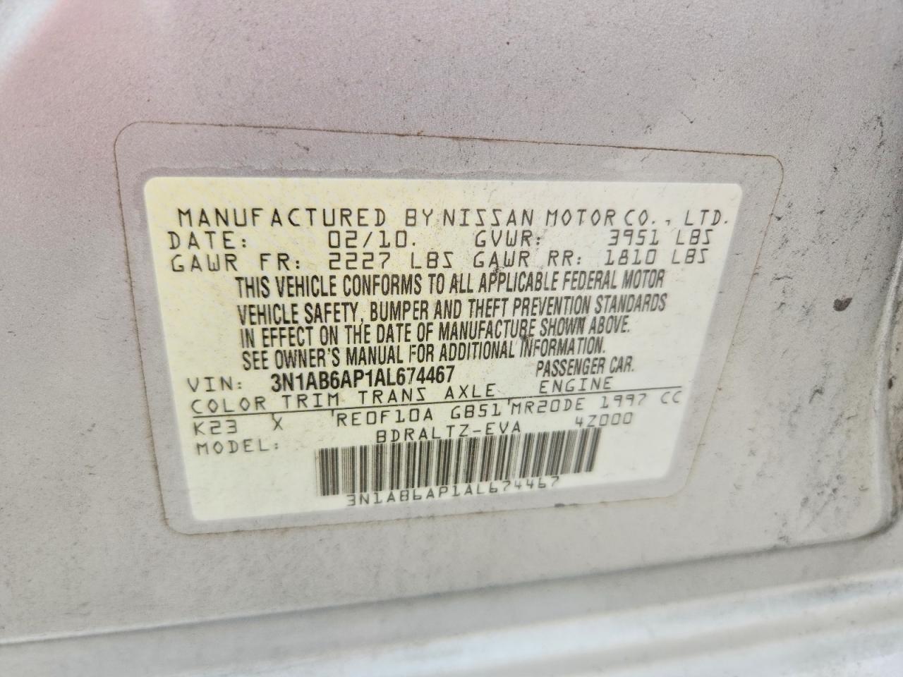 2010 Nissan Sentra 2.0 Silver vin: 3N1AB6AP1AL674467
