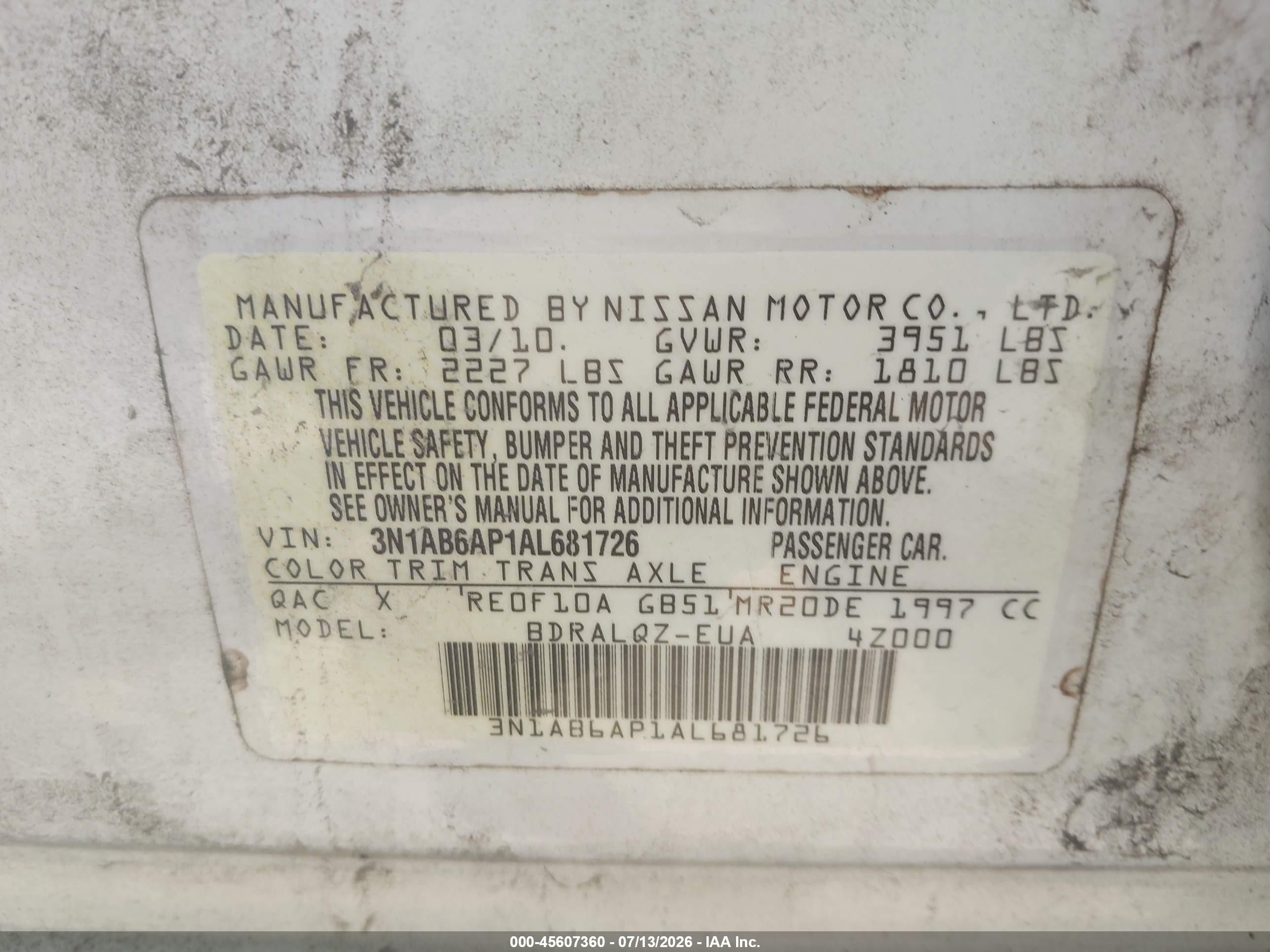 2010 Nissan Sentra 2.0 White vin: 3N1AB6AP1AL681726