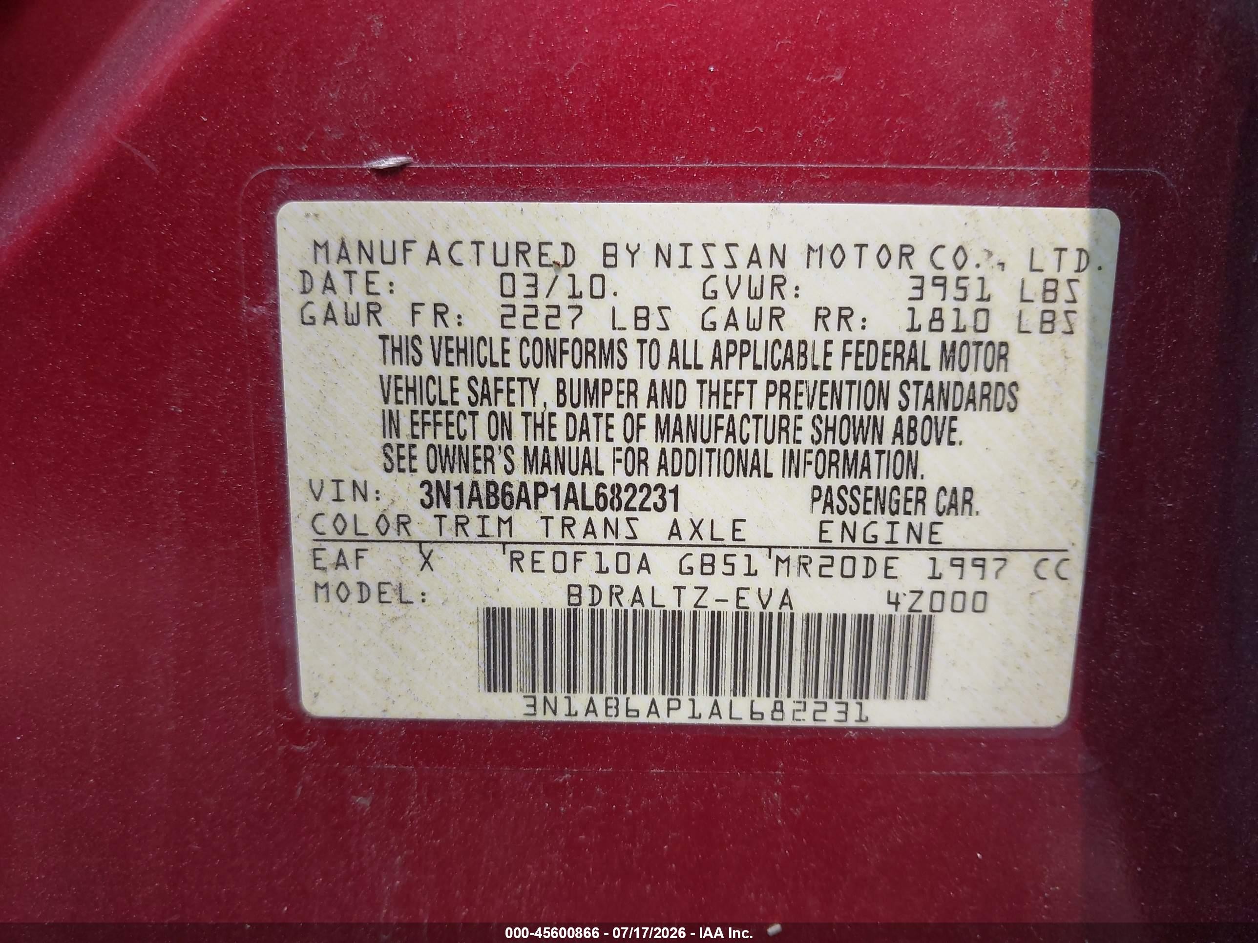 2010 Nissan Sentra 2.0sr Red vin: 3N1AB6AP1AL682231