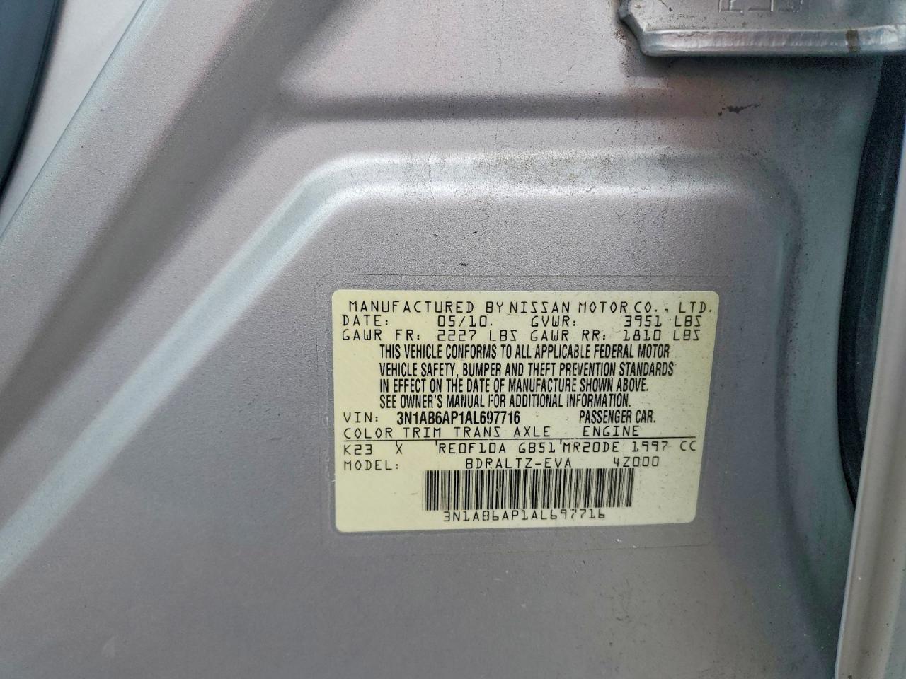 2010 Nissan Sentra 2.0 Gray vin: 3N1AB6AP1AL697716