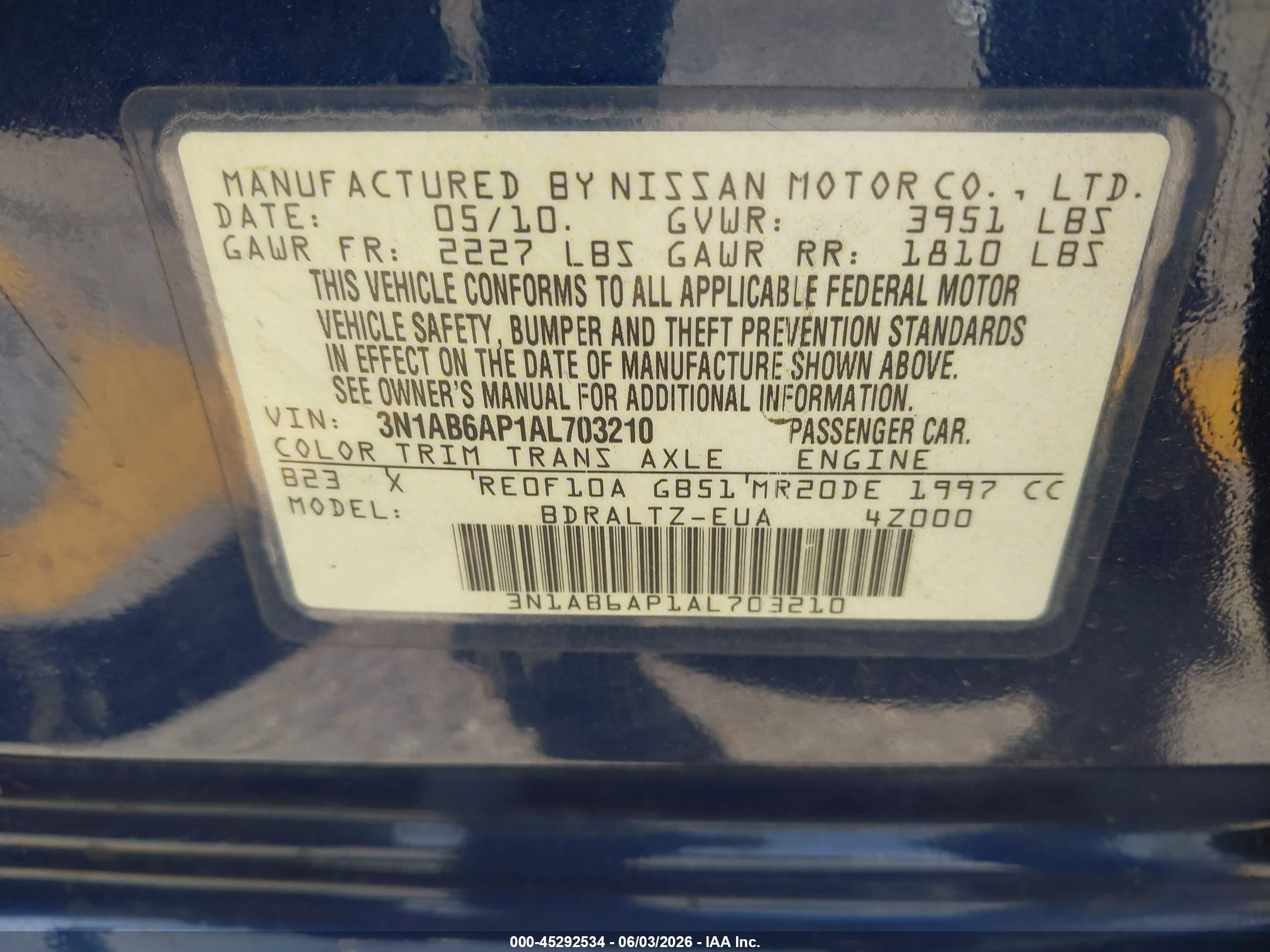 2010 Nissan Sentra 2.0s Blue vin: 3N1AB6AP1AL703210