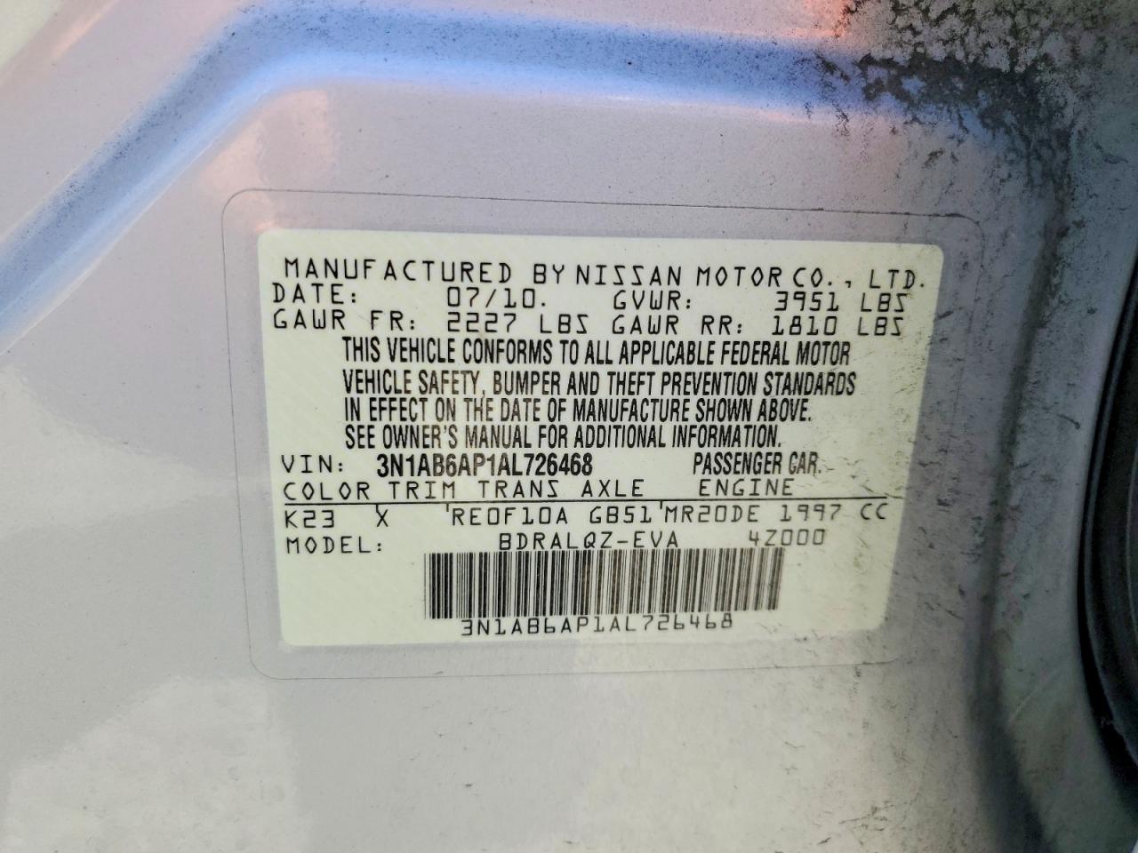 2010 Nissan Sentra 2.0 Silver vin: 3N1AB6AP1AL726468
