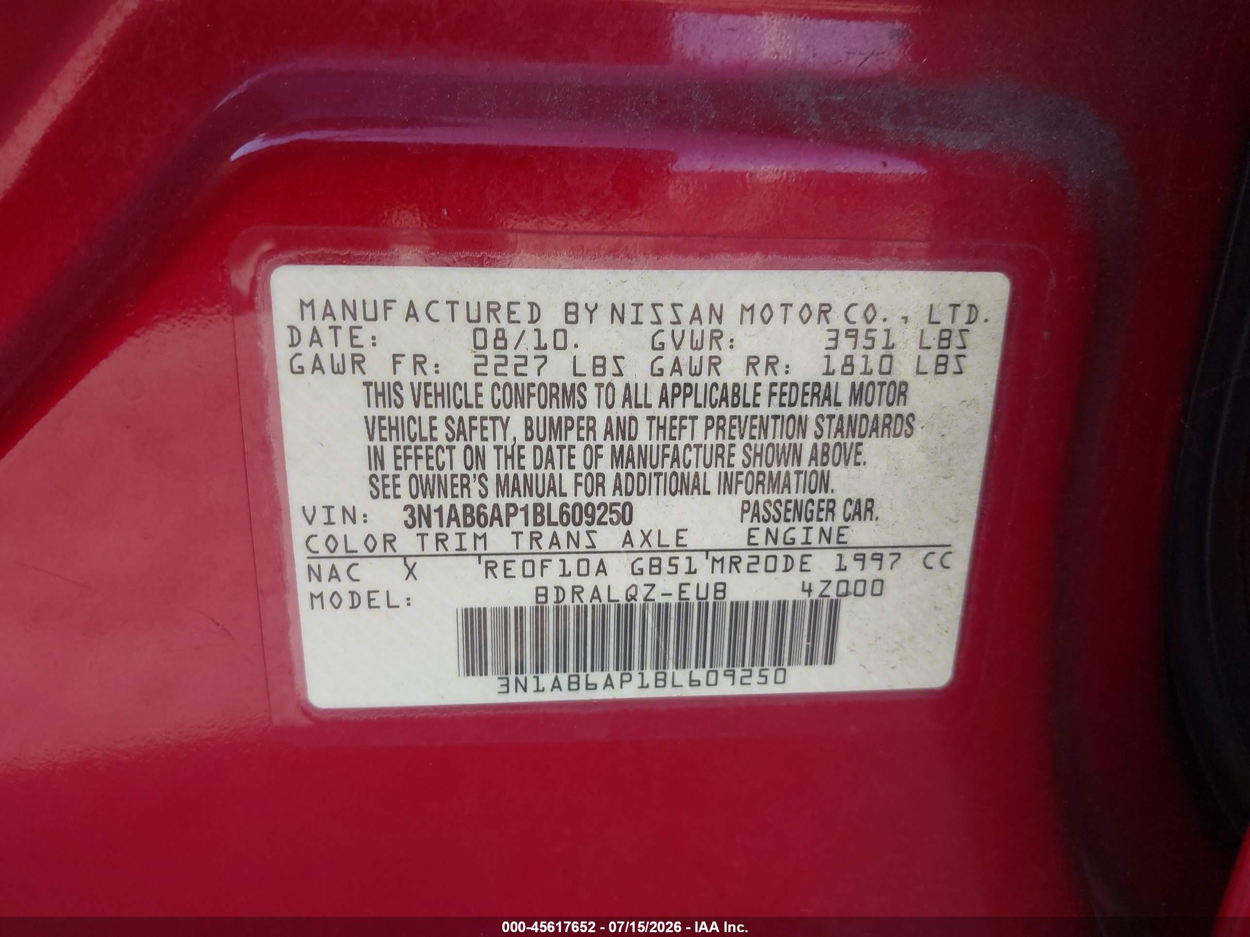 2011 Nissan Sentra 2.0 Red vin: 3N1AB6AP1BL609250