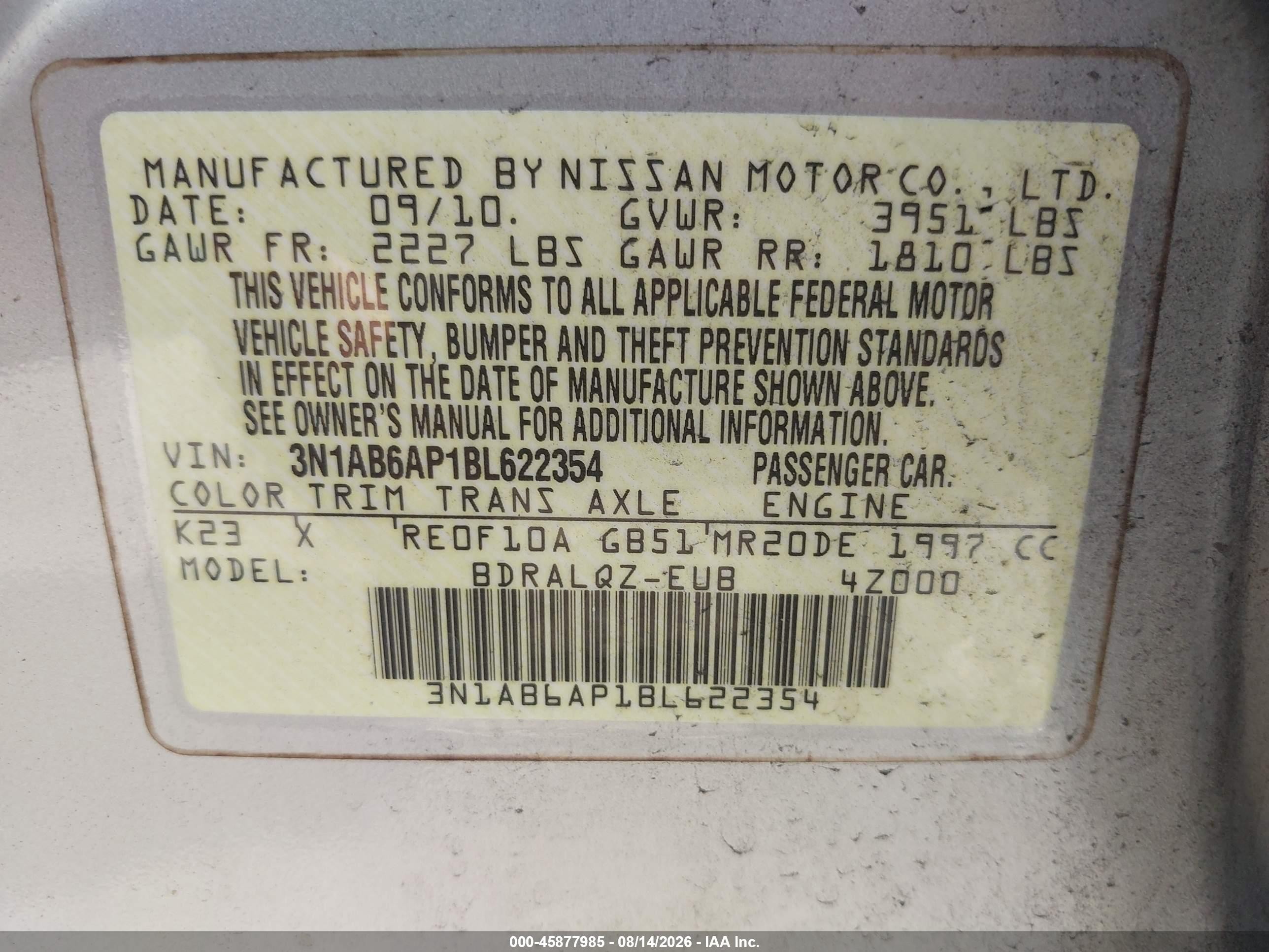 2011 Nissan Sentra 2.0 Silver vin: 3N1AB6AP1BL622354