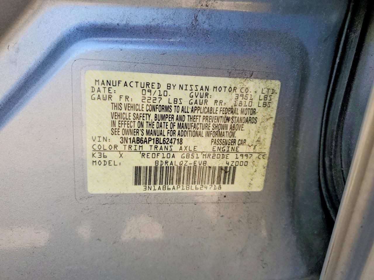 2011 Nissan Sentra 2.0 Silver vin: 3N1AB6AP1BL624718