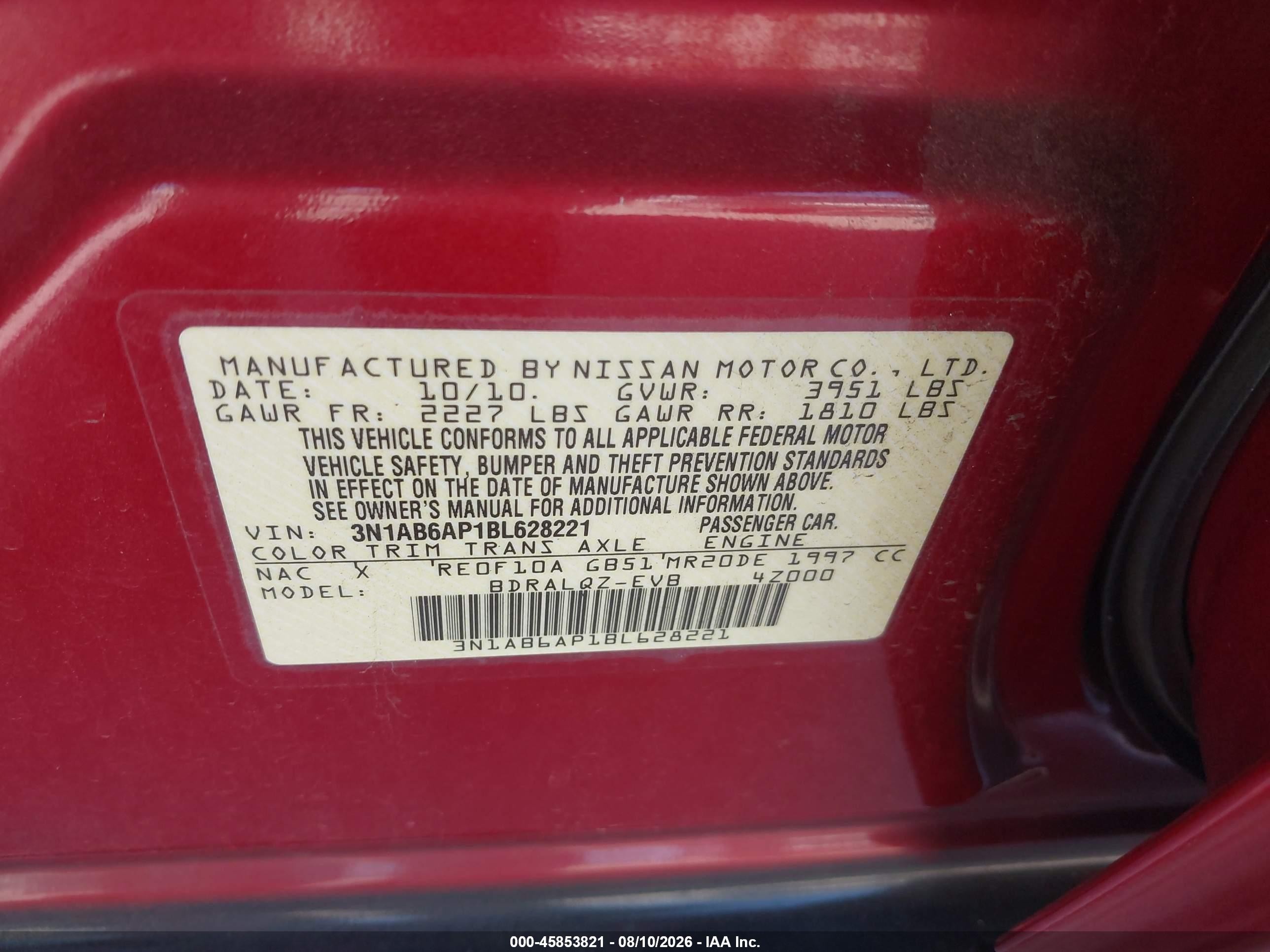 2011 Nissan Sentra 2.0 Red vin: 3N1AB6AP1BL628221