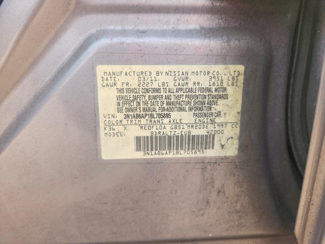 2011 Nissan Sentra 2.0 Gray vin: 3N1AB6AP1BL705895