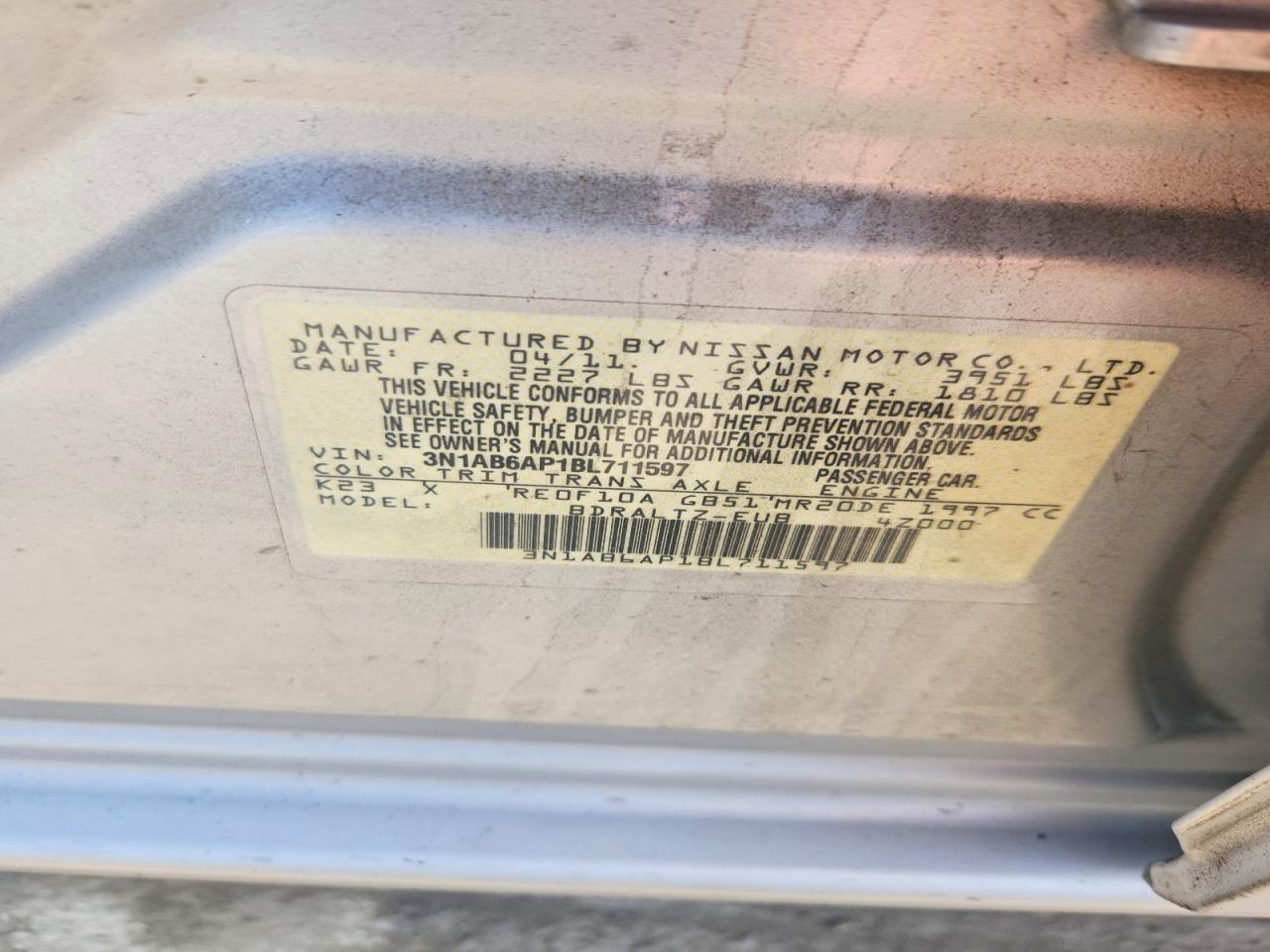 2011 Nissan Sentra 2.0 Silver vin: 3N1AB6AP1BL711597