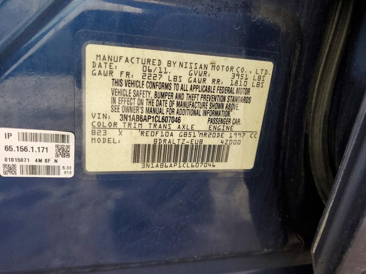 2012 Nissan Sentra 2.0 Blue vin: 3N1AB6AP1CL607046