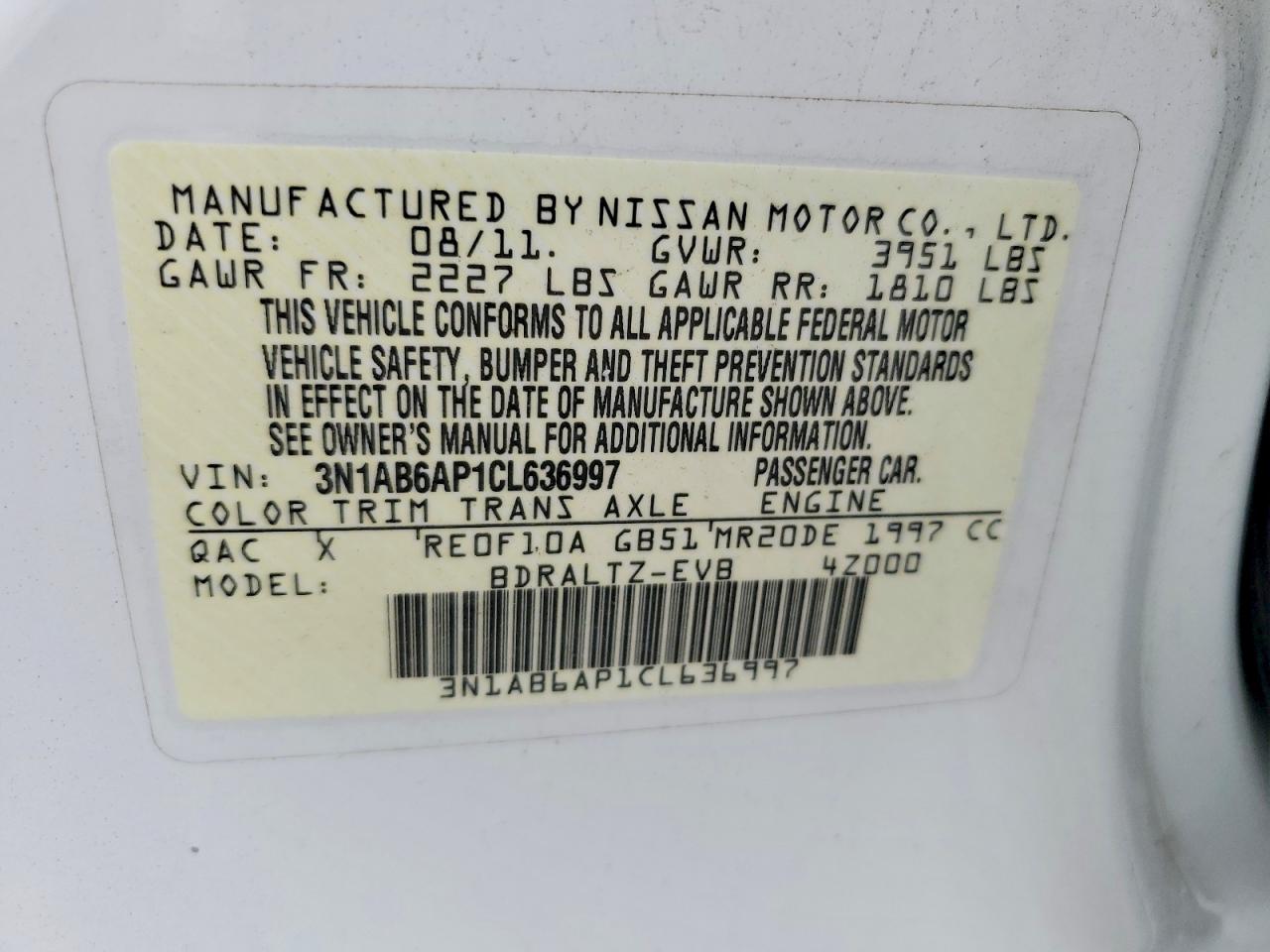 2012 Nissan Sentra 2.0 White vin: 3N1AB6AP1CL636997