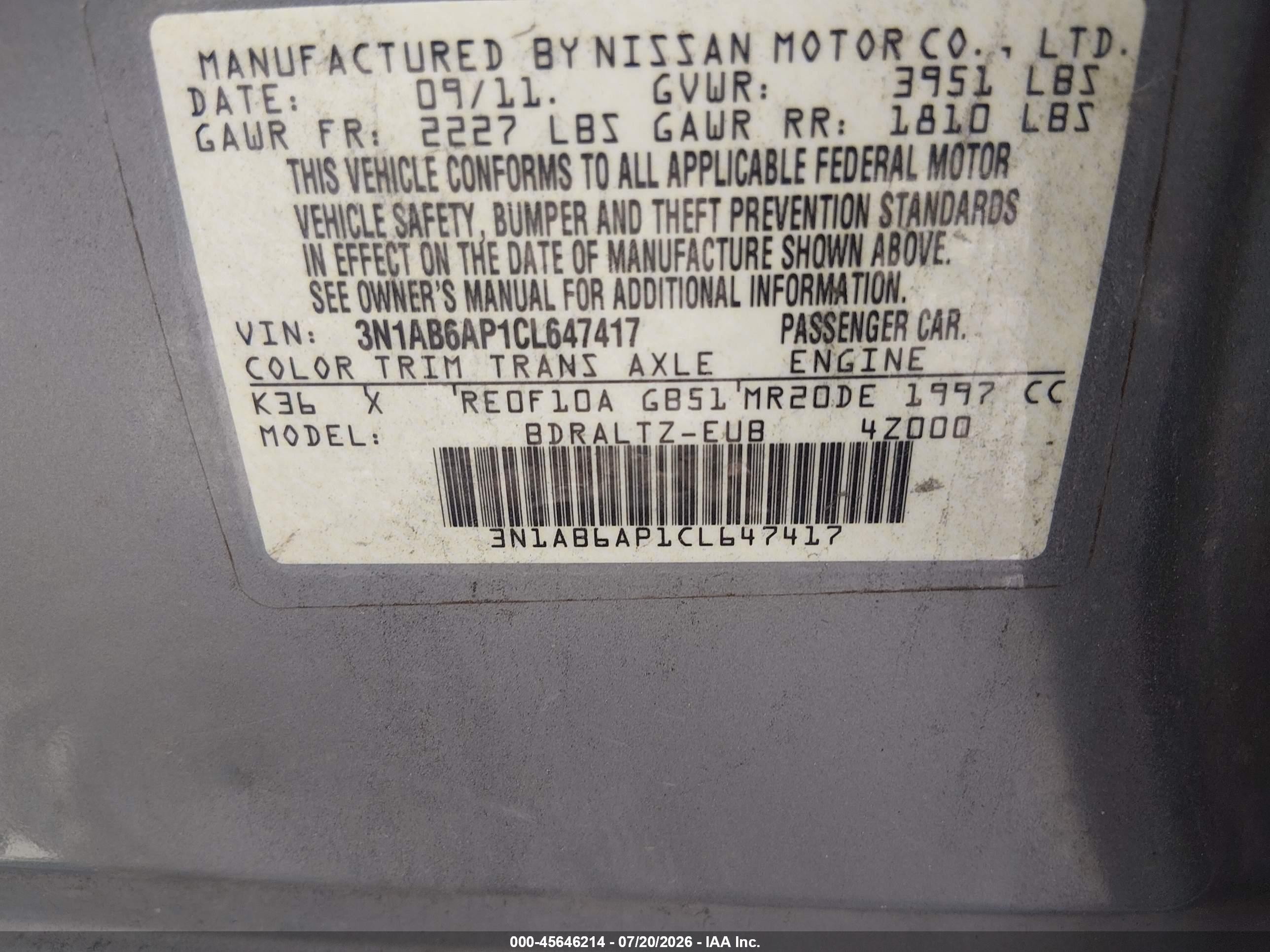 2012 Nissan Sentra 2.0 S Gray vin: 3N1AB6AP1CL647417