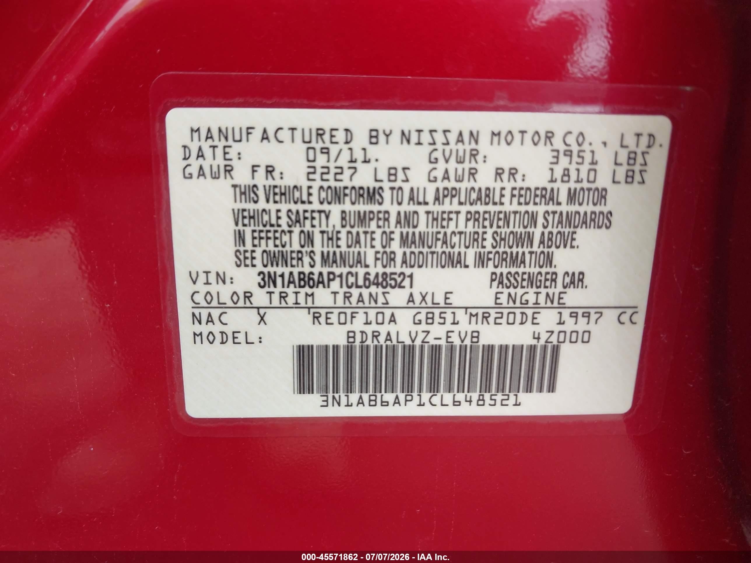 2012 Nissan Sentra 2.0 Sl Красный vin: 3N1AB6AP1CL648521