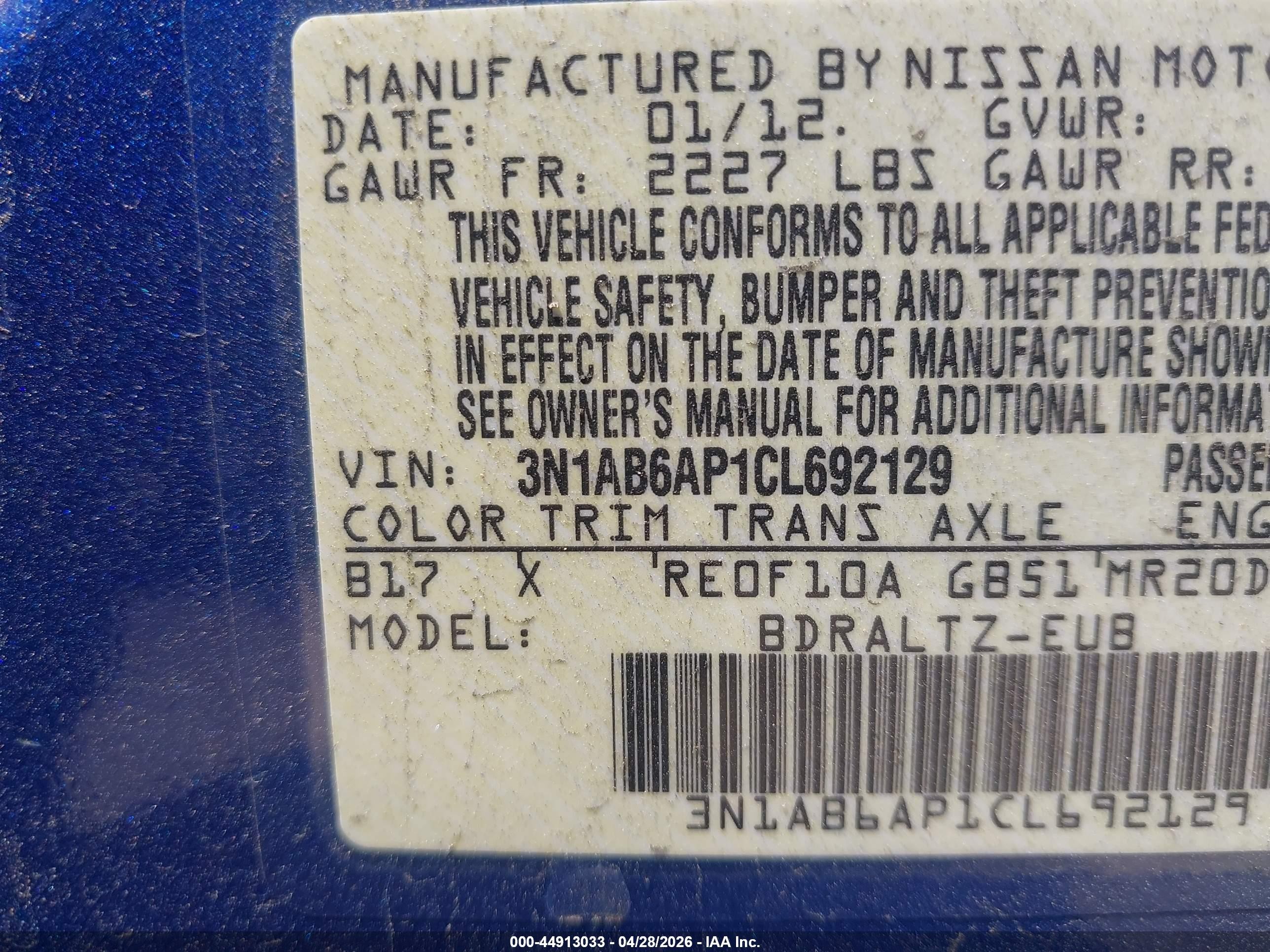 2012 Nissan Sentra 2.0 Sr Blue vin: 3N1AB6AP1CL692129