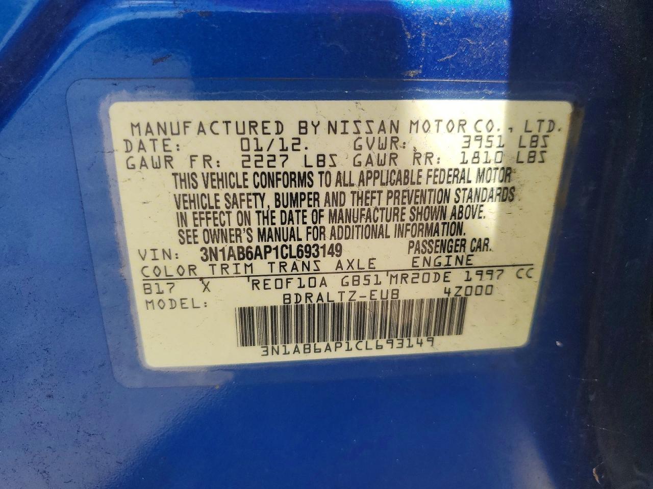 2012 Nissan Sentra 2.0 Blue vin: 3N1AB6AP1CL693149