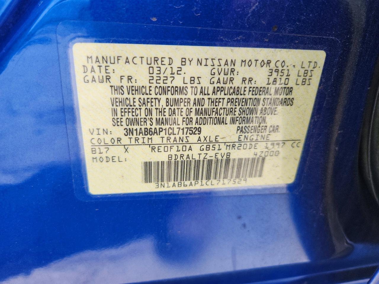 2012 Nissan Sentra 2.0 Blue vin: 3N1AB6AP1CL717529