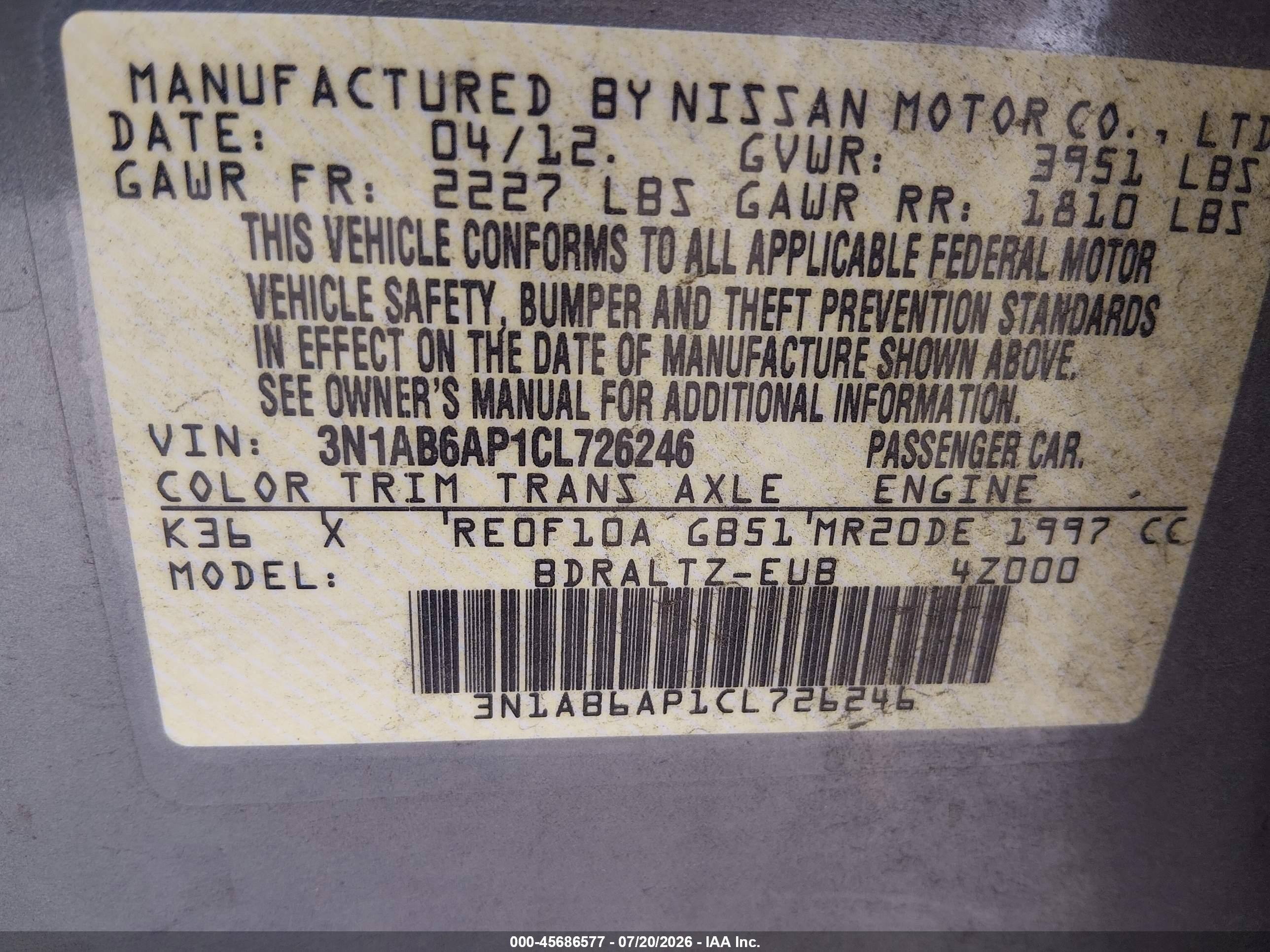 2012 Nissan Sentra 2.0 S Gray vin: 3N1AB6AP1CL726246