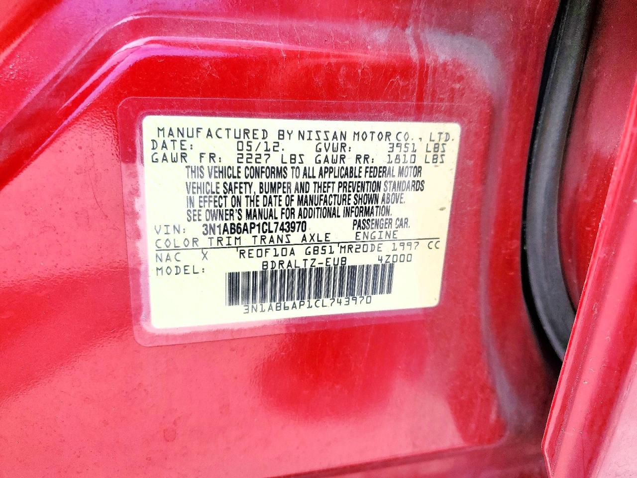 2012 Nissan Sentra 2.0 Red vin: 3N1AB6AP1CL743970