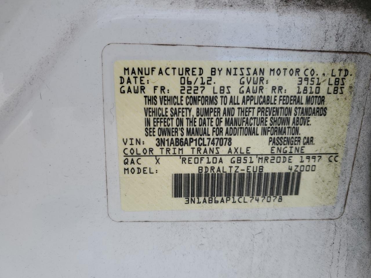 2012 Nissan Sentra 2.0 White vin: 3N1AB6AP1CL747078