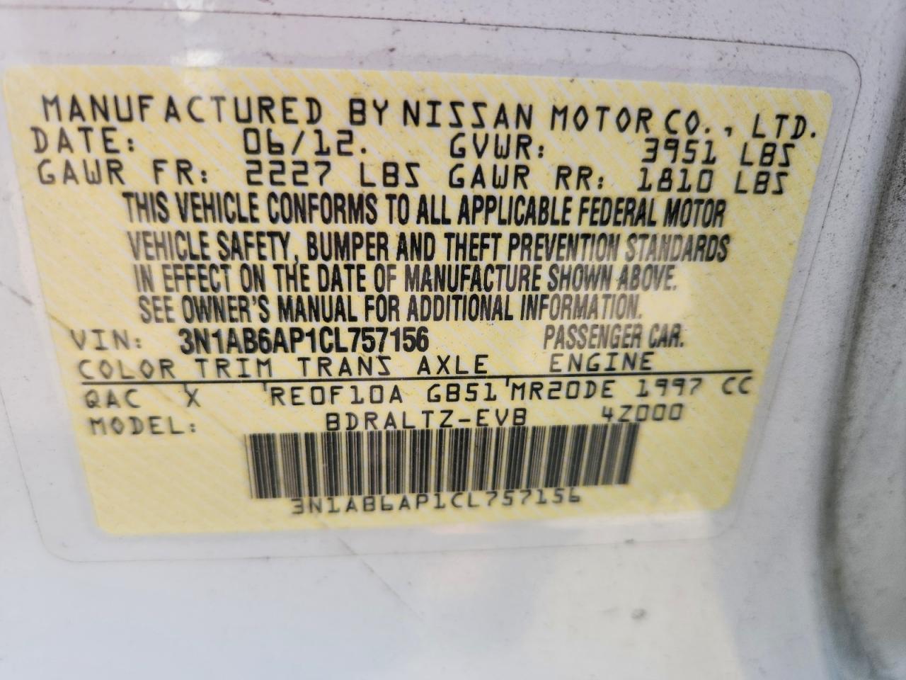 2012 Nissan Sentra 2.0 White vin: 3N1AB6AP1CL757156
