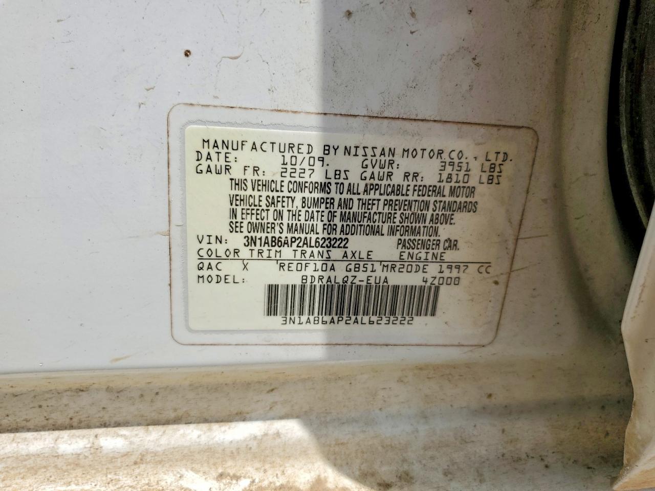 2010 Nissan Sentra 2.0 White vin: 3N1AB6AP2AL623222
