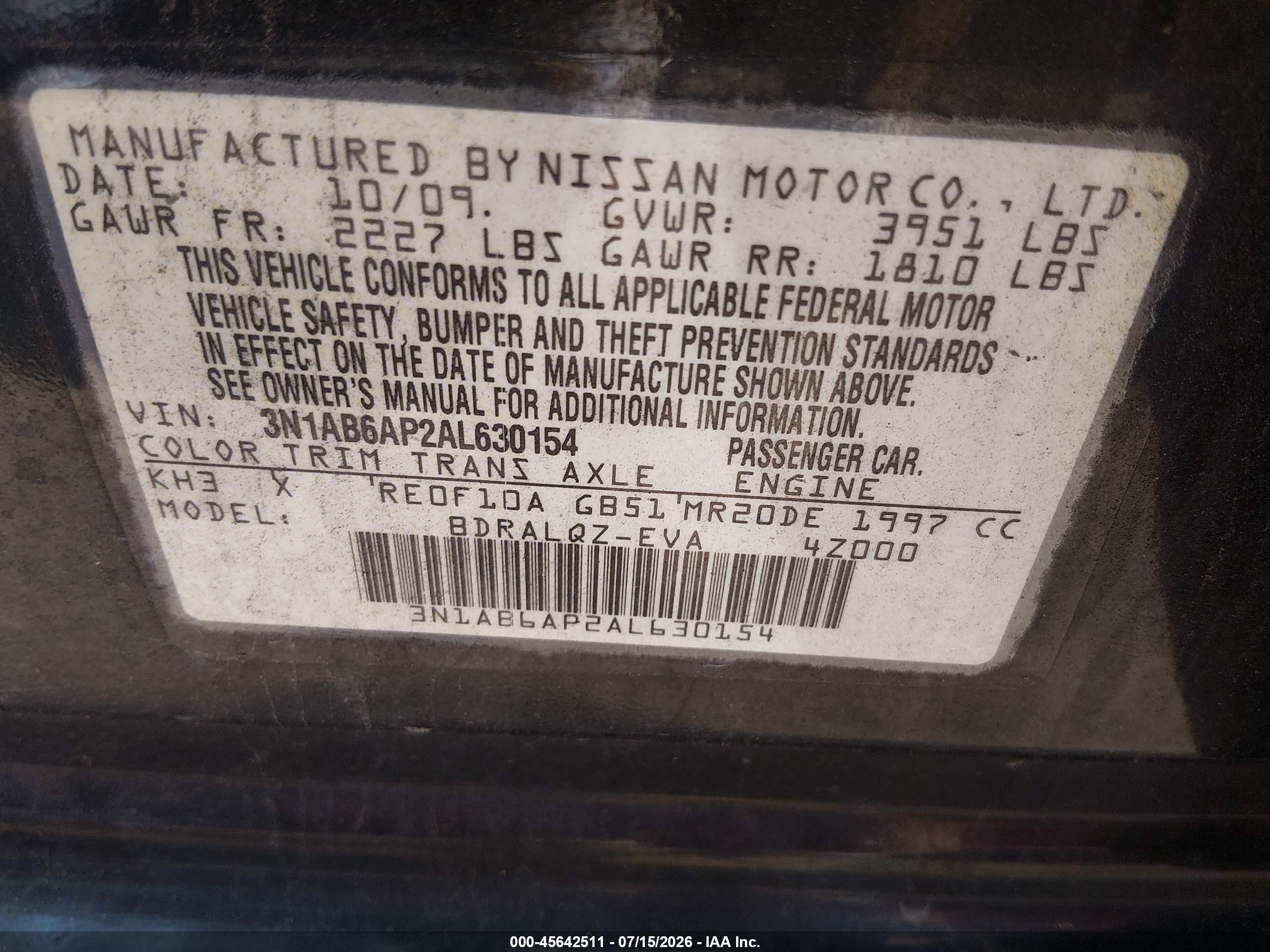 2010 Nissan Sentra 2.0 Black vin: 3N1AB6AP2AL630154