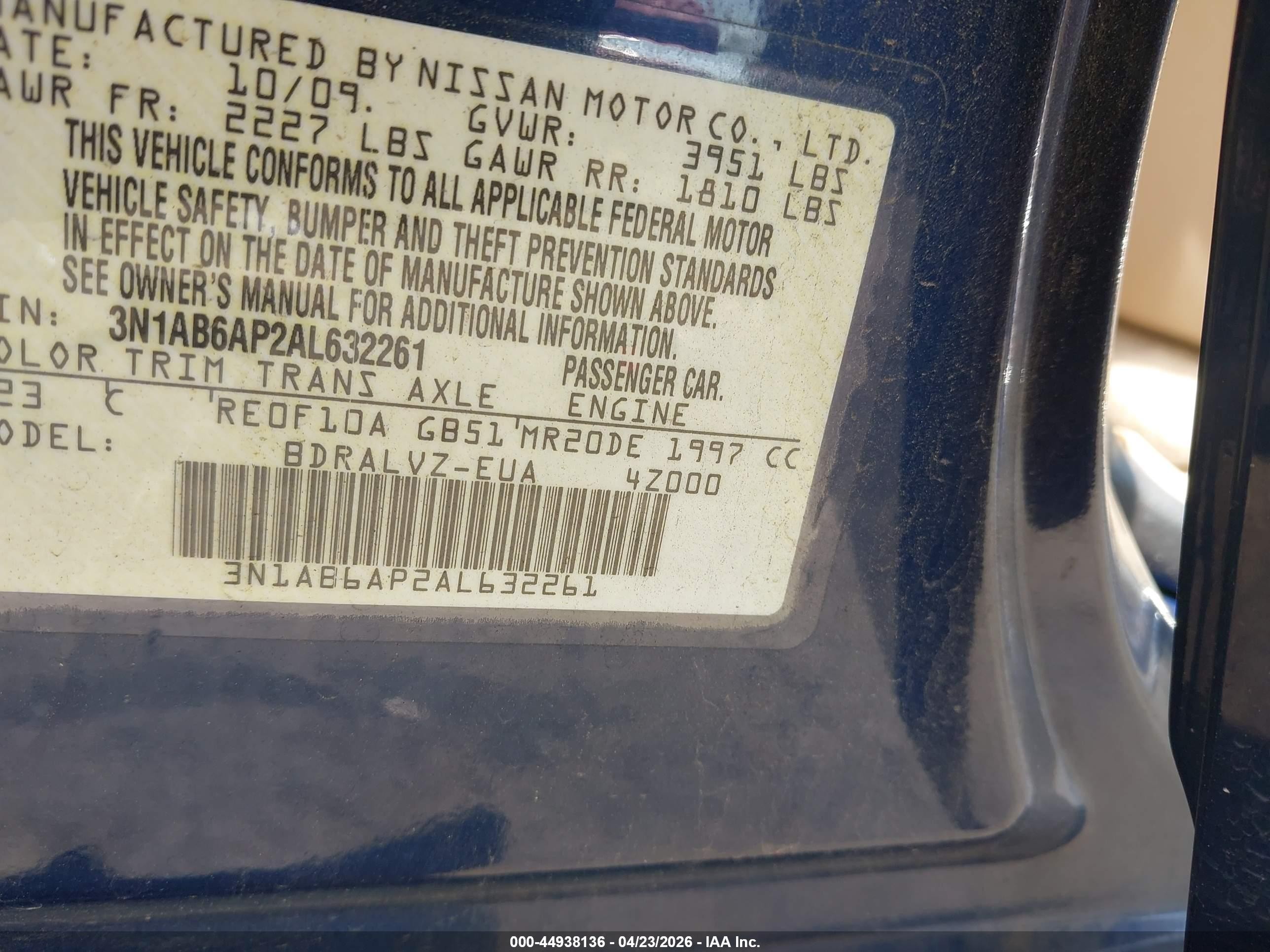 2010 Nissan Sentra 2.0sl Blue vin: 3N1AB6AP2AL632261