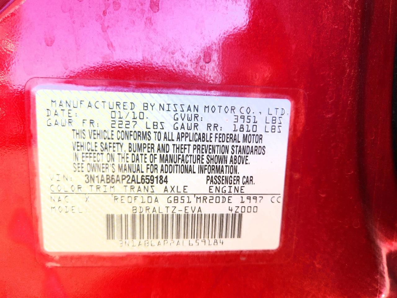 2010 Nissan Sentra 2.0 Red vin: 3N1AB6AP2AL659184