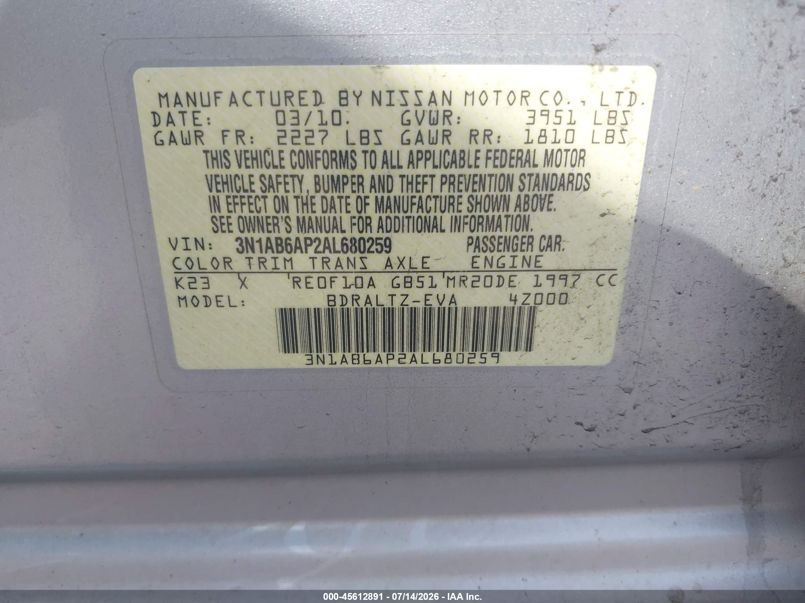 2010 Nissan Sentra 2.0s Silver vin: 3N1AB6AP2AL680259