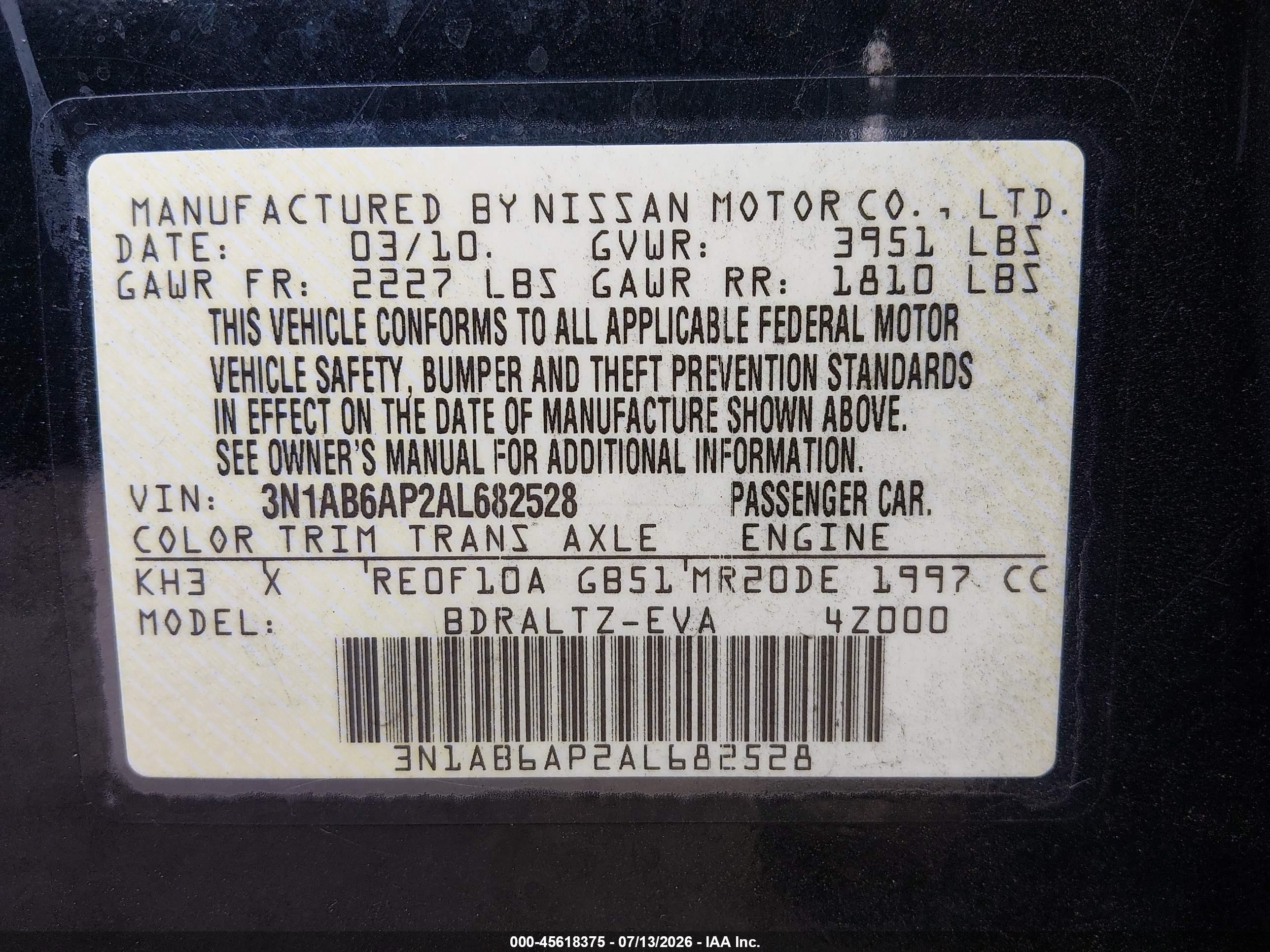 2010 Nissan Sentra 2.0s Black vin: 3N1AB6AP2AL682528