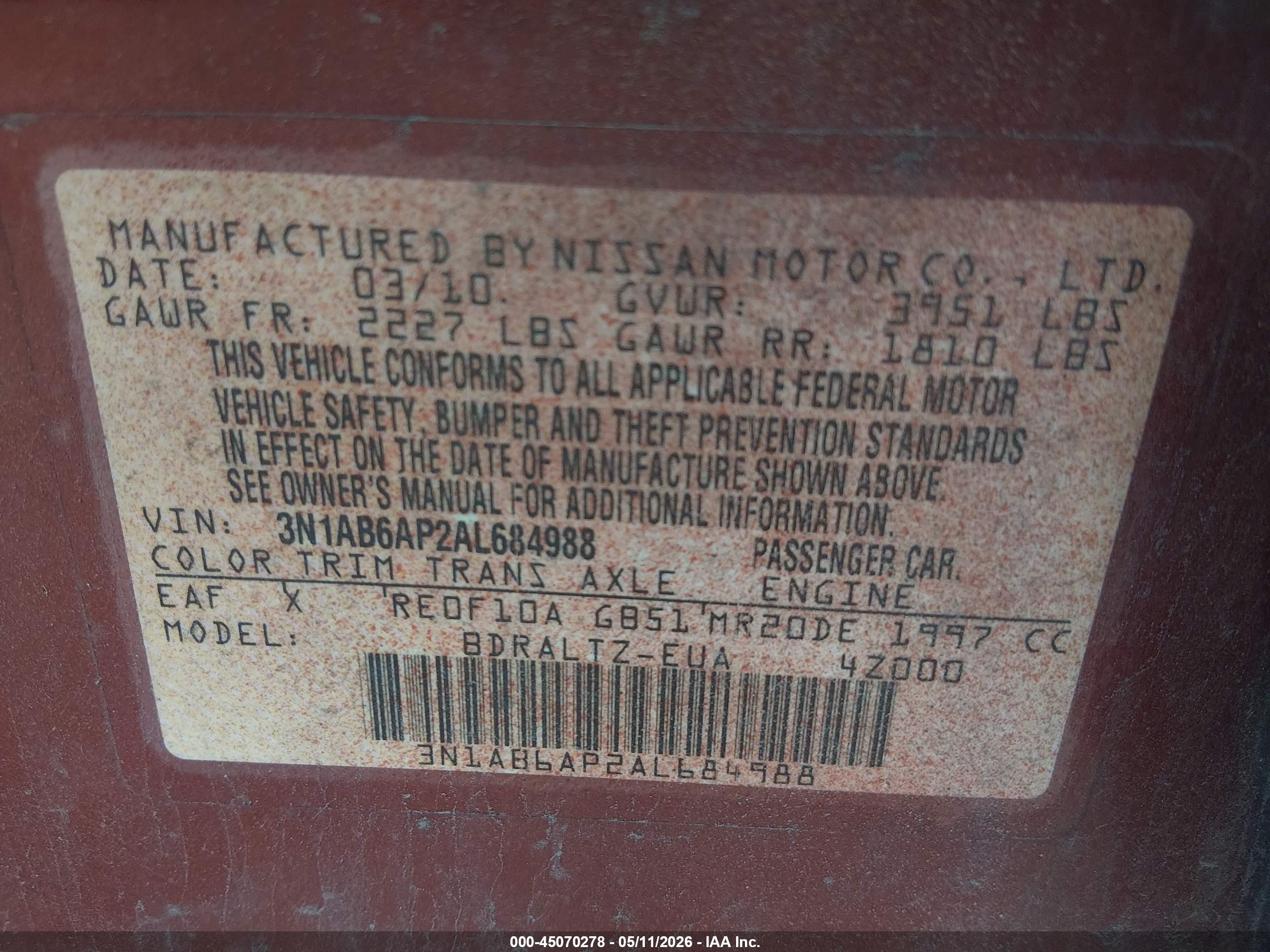2010 Nissan Sentra 2.0sr Red vin: 3N1AB6AP2AL684988