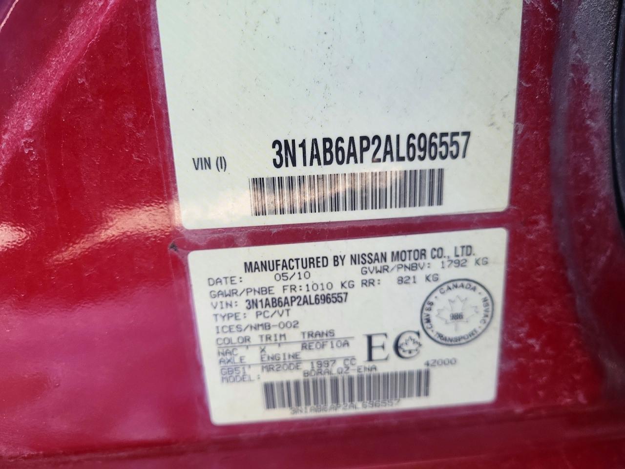 2010 Nissan Sentra 2.0 Sl 4dr Burgundy vin: 3N1AB6AP2AL696557
