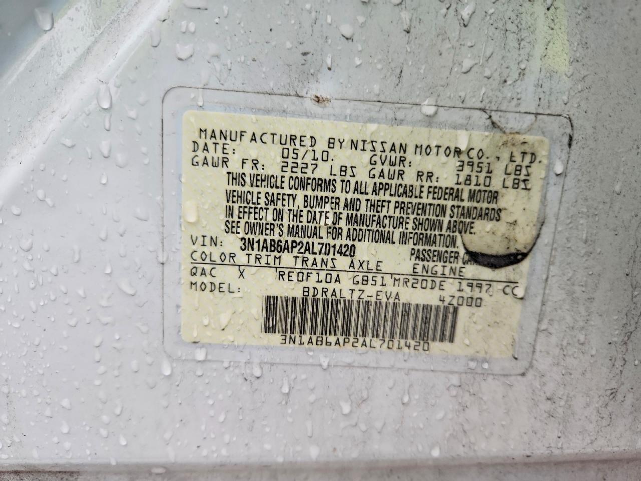 2010 Nissan Sentra 2.0 White vin: 3N1AB6AP2AL701420