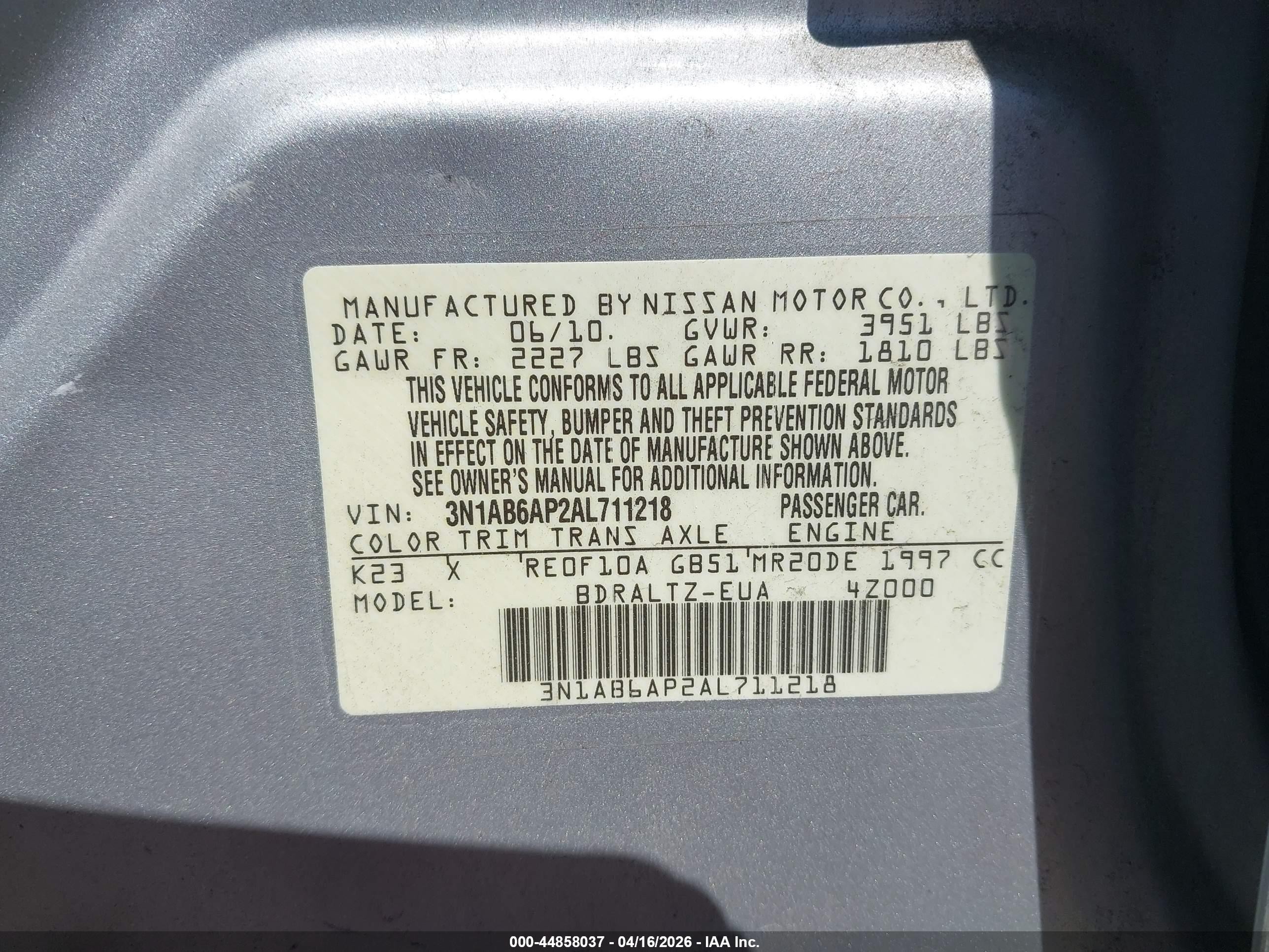 2010 Nissan Sentra 2.0sr Silver vin: 3N1AB6AP2AL711218