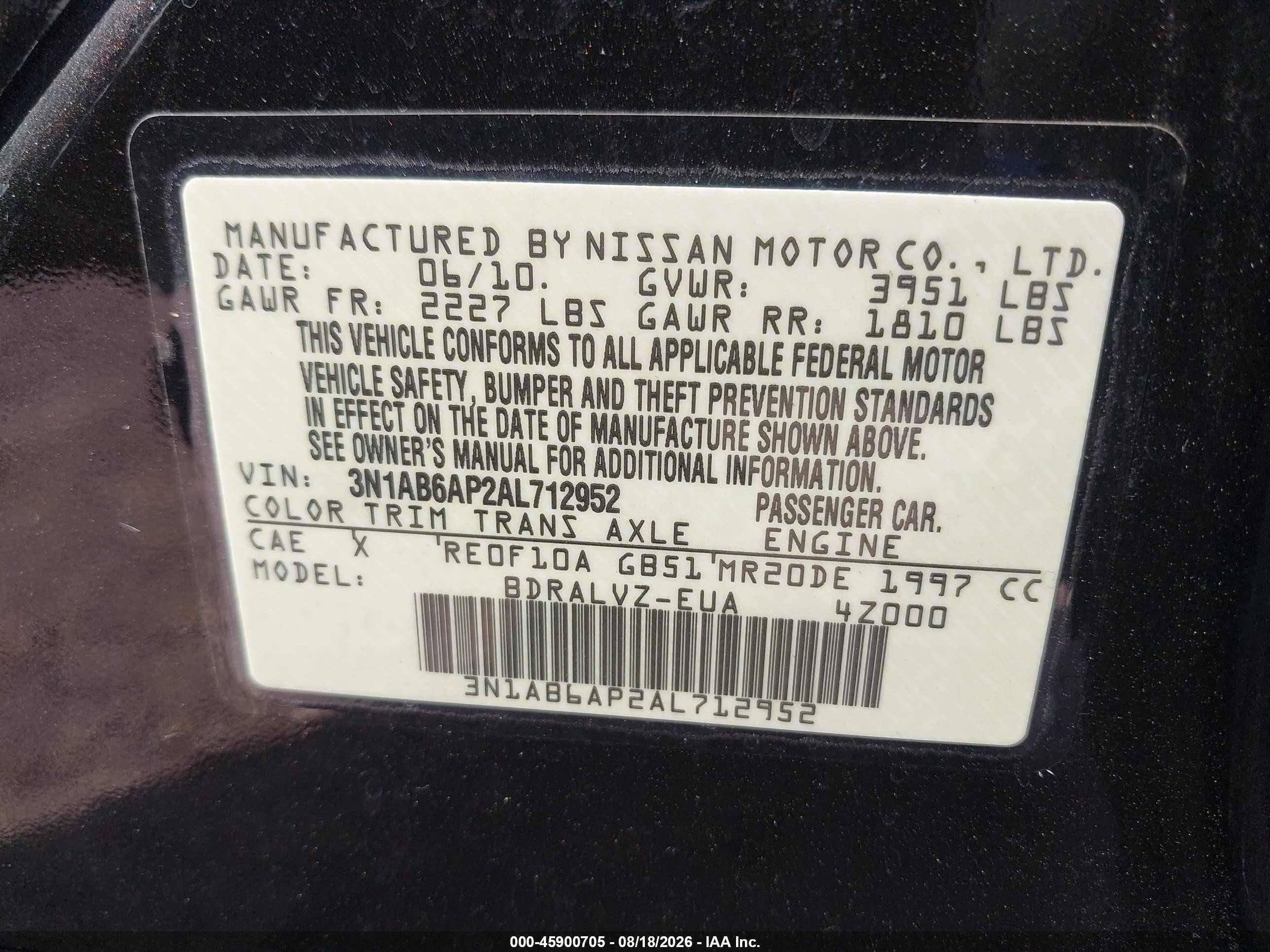 2010 Nissan Sentra 2.0sl Черный vin: 3N1AB6AP2AL712952