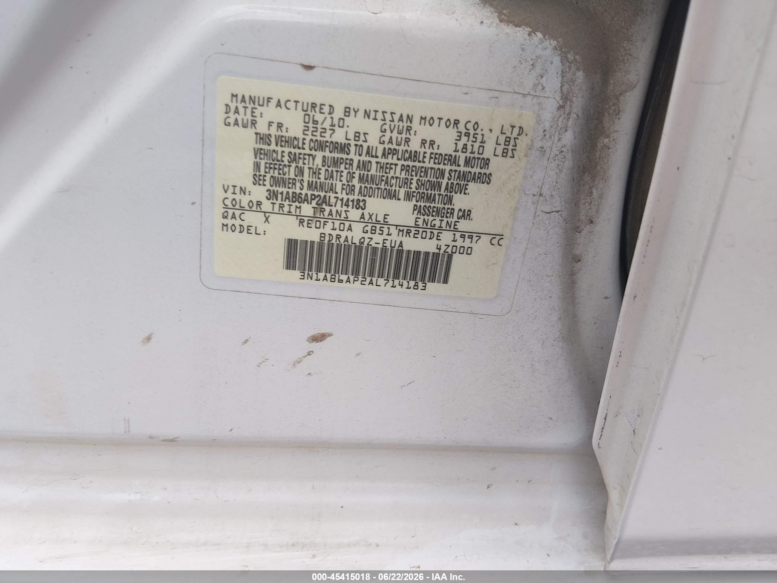 2010 Nissan Sentra 2.0 White vin: 3N1AB6AP2AL714183