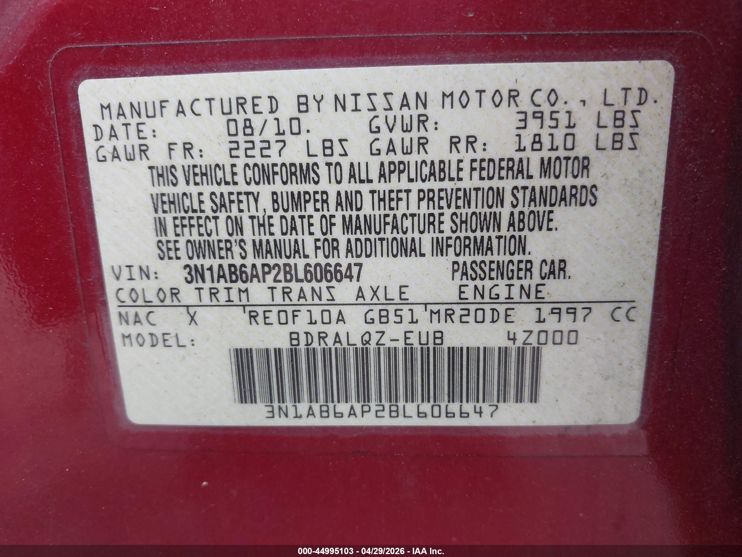 2011 Nissan Sentra 2.0 Red vin: 3N1AB6AP2BL606647