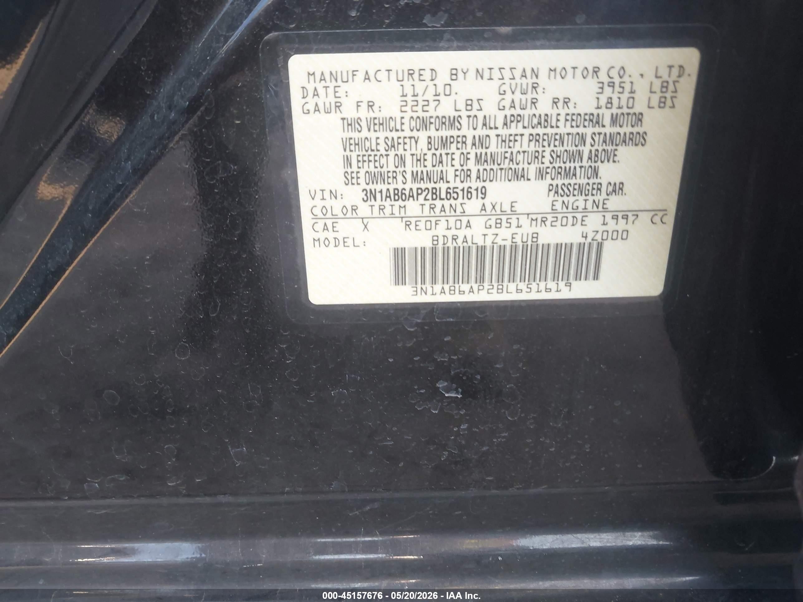 2011 Nissan Sentra 2.0s Black vin: 3N1AB6AP2BL651619