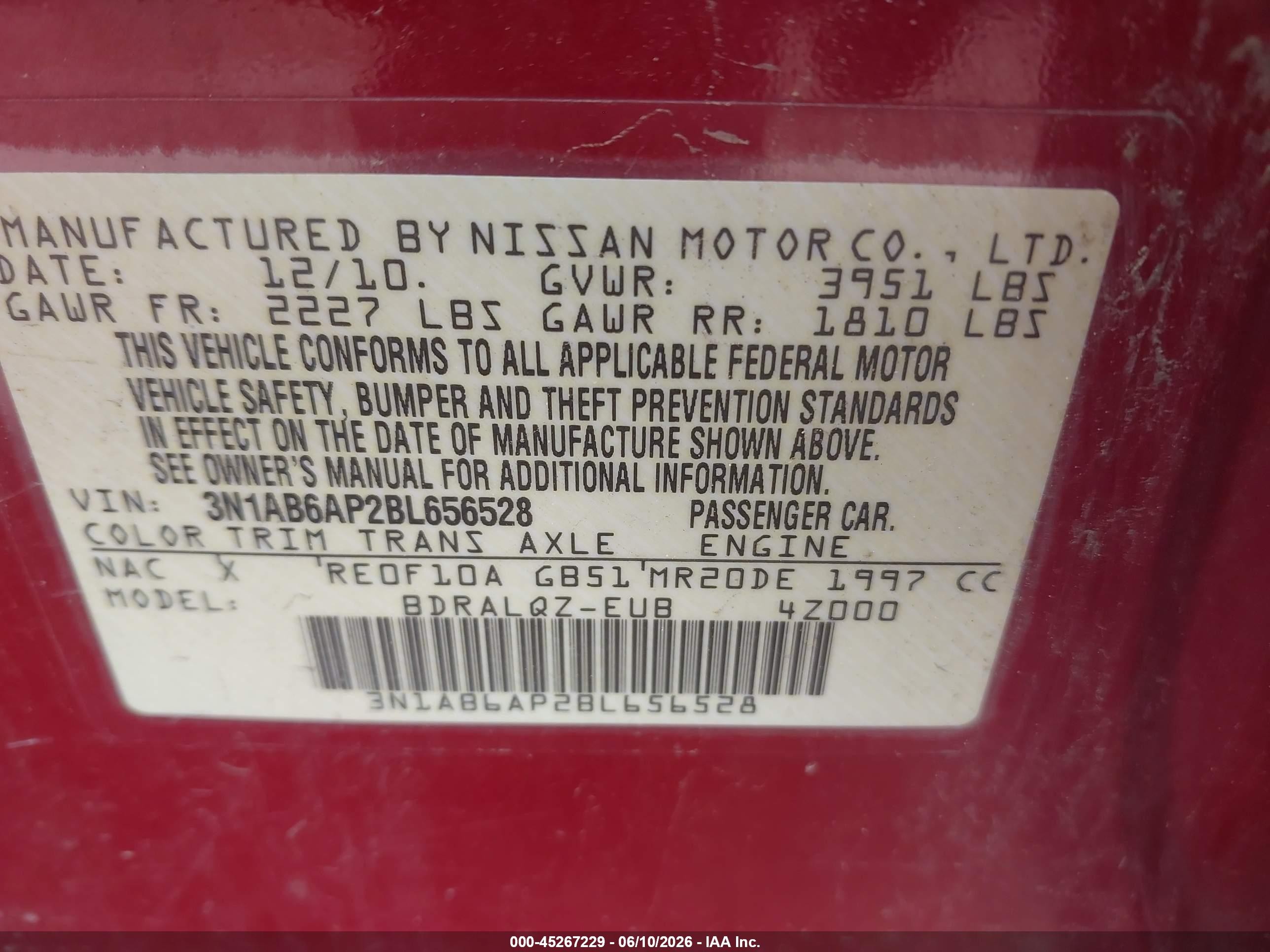 2011 Nissan Sentra 2.0 Red vin: 3N1AB6AP2BL656528