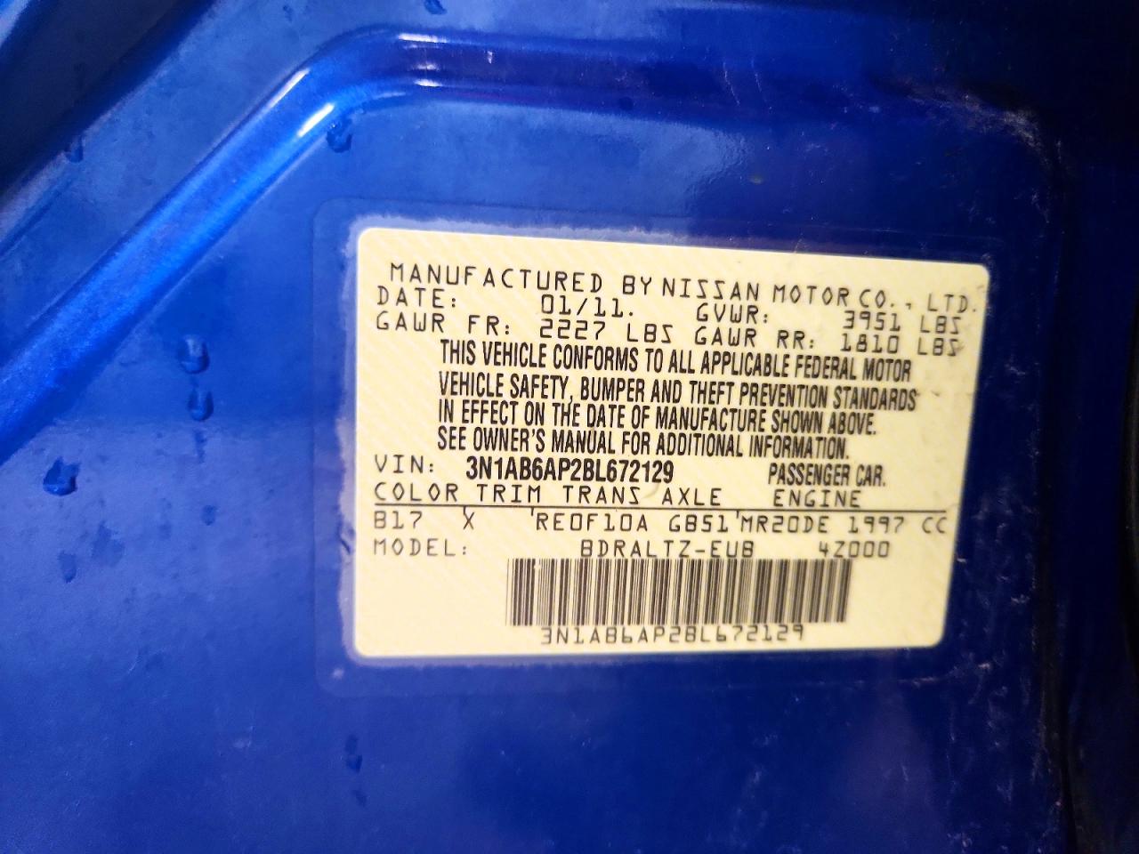 2011 Nissan Sentra 2.0 Blue vin: 3N1AB6AP2BL672129