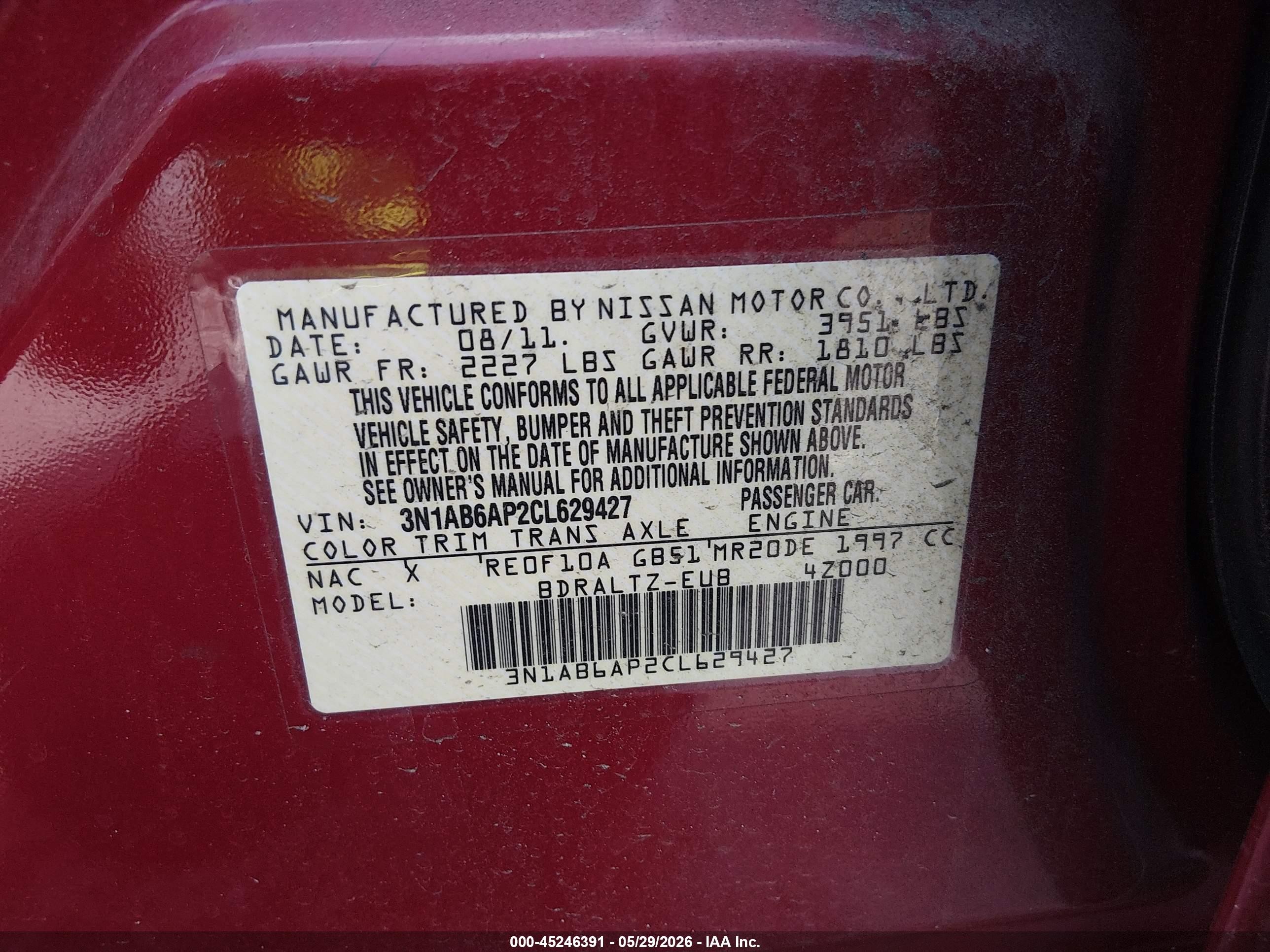 2012 Nissan Sentra 2.0 S Red vin: 3N1AB6AP2CL629427