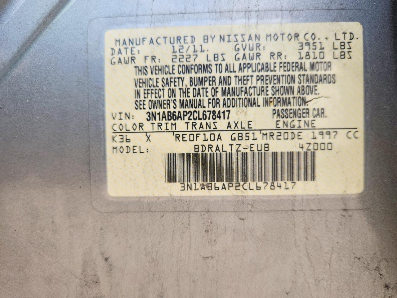 2012 Nissan Sentra 2.0 Gray vin: 3N1AB6AP2CL678417