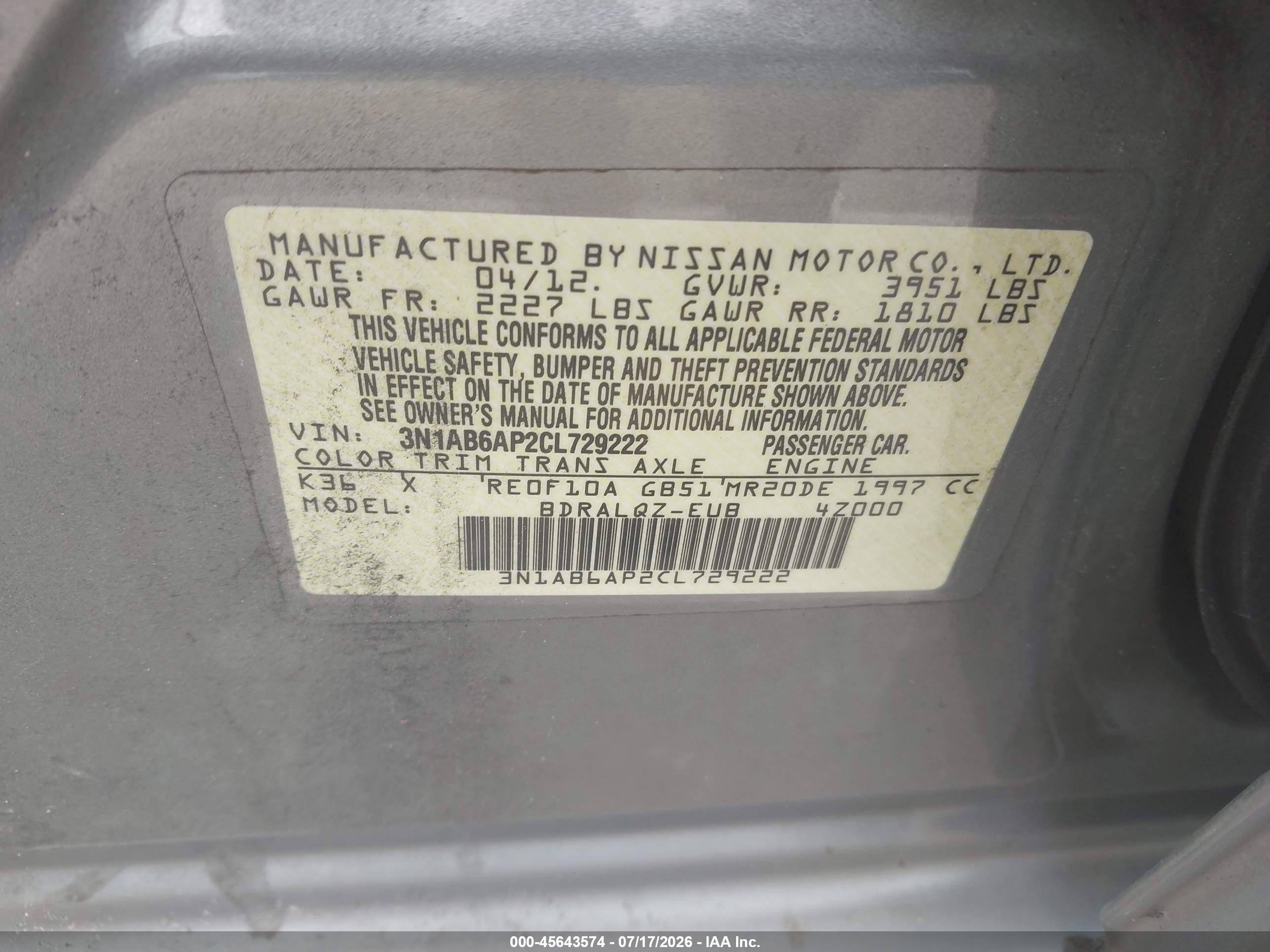 2012 Nissan Sentra 2.0 Gray vin: 3N1AB6AP2CL729222