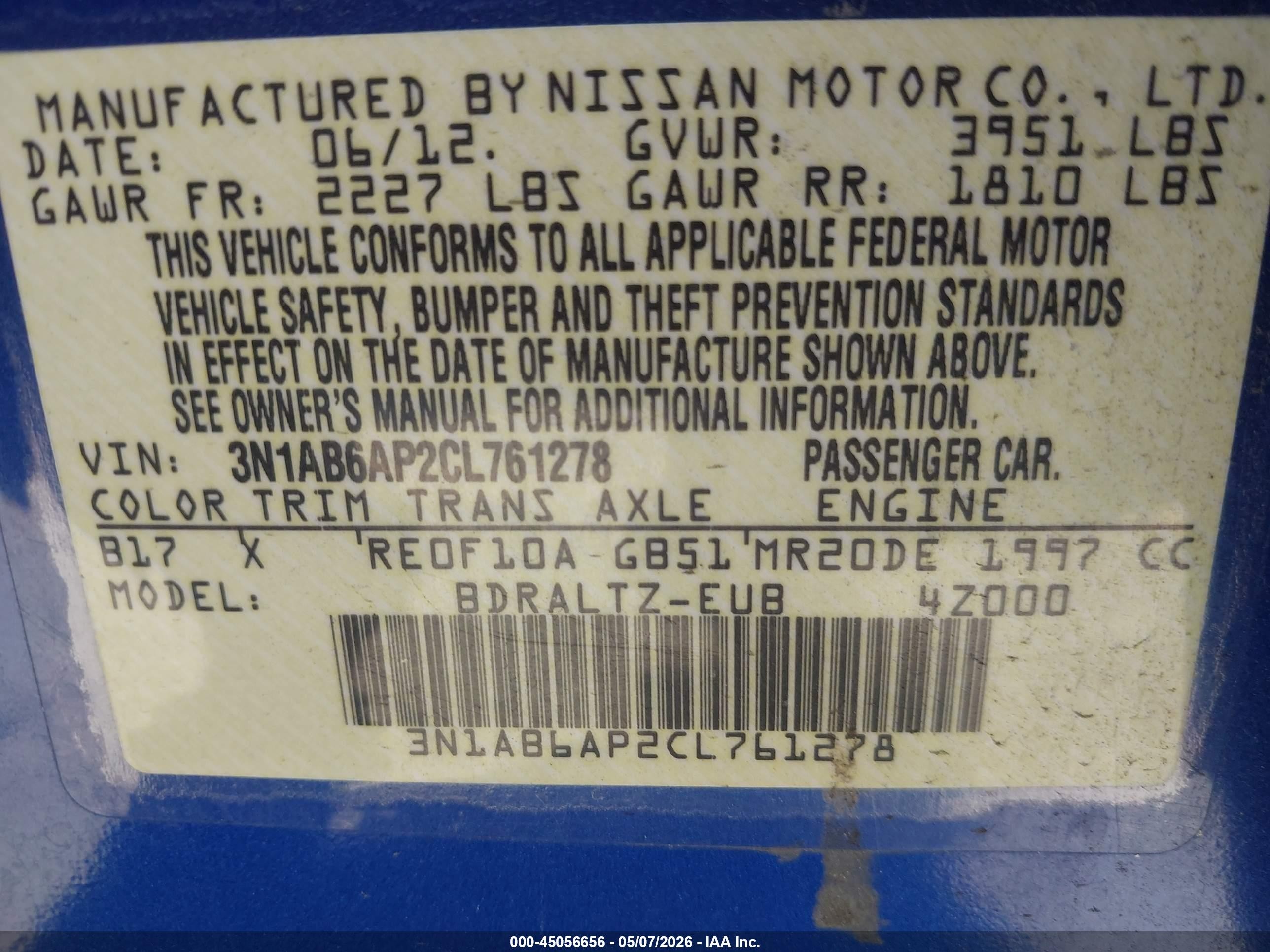 2012 Nissan Sentra 2.0 Sr Blue vin: 3N1AB6AP2CL761278