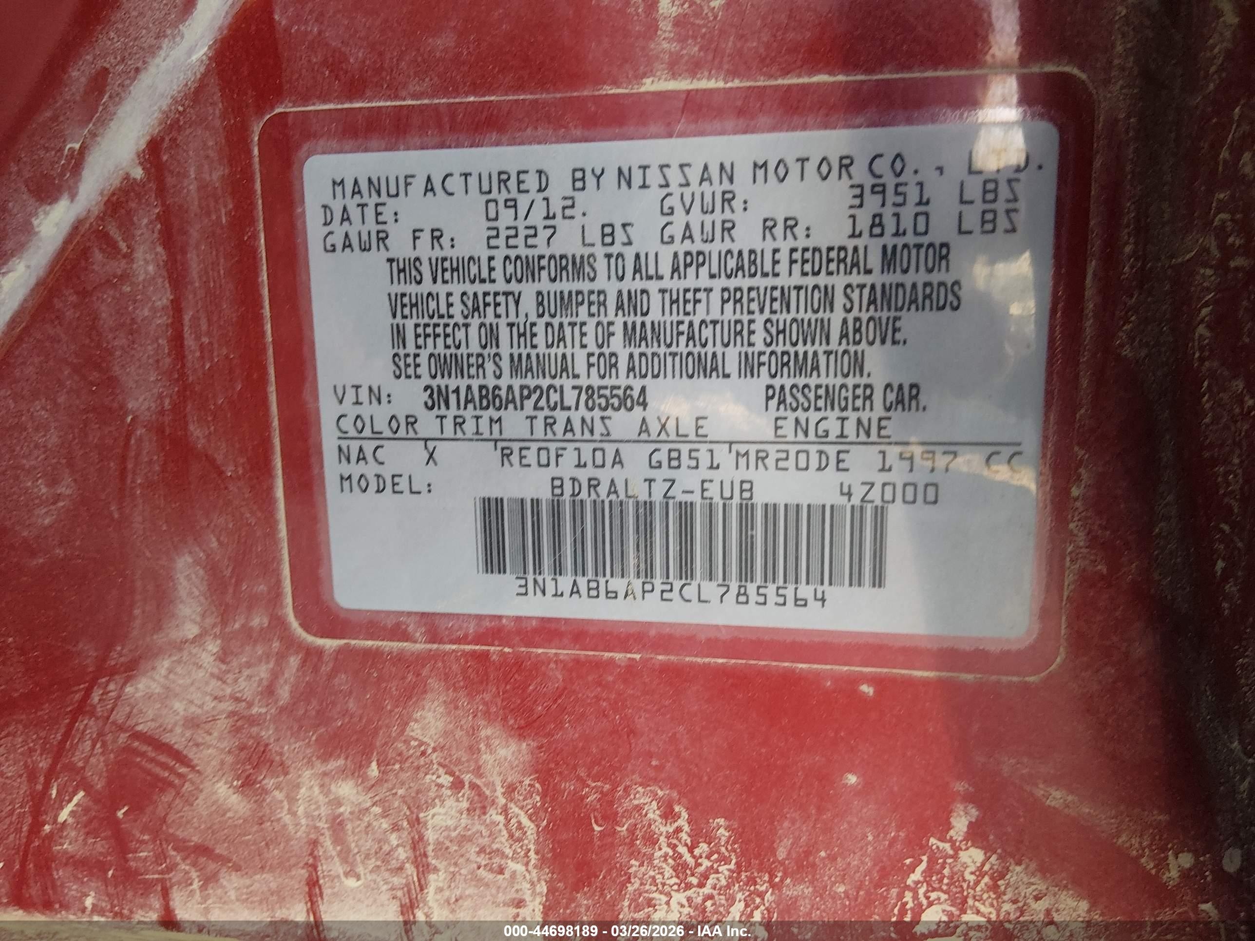 2012 Nissan Sentra 2.0 S Красный vin: 3N1AB6AP2CL785564