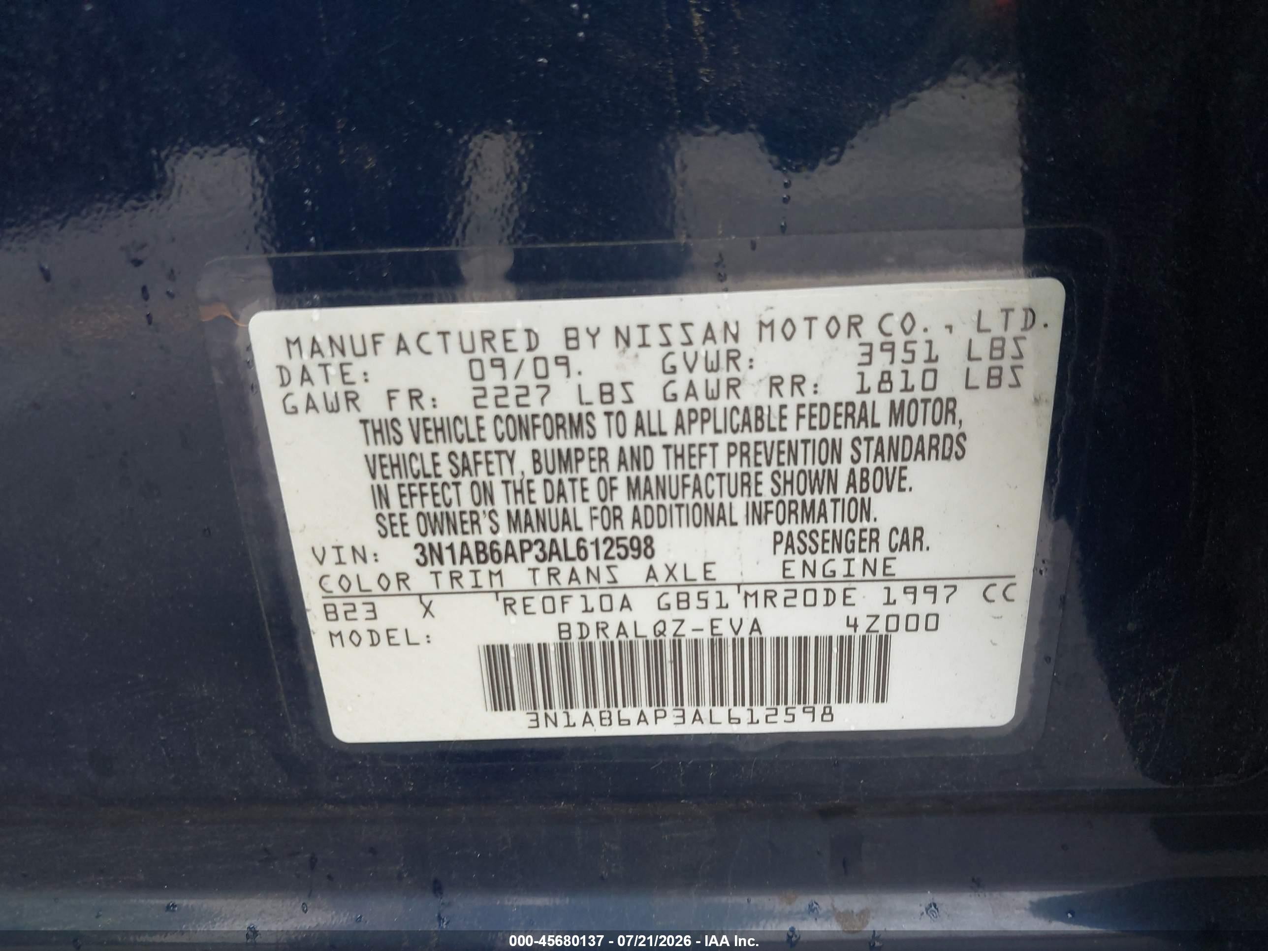 2010 Nissan Sentra 2.0 Blue vin: 3N1AB6AP3AL612598