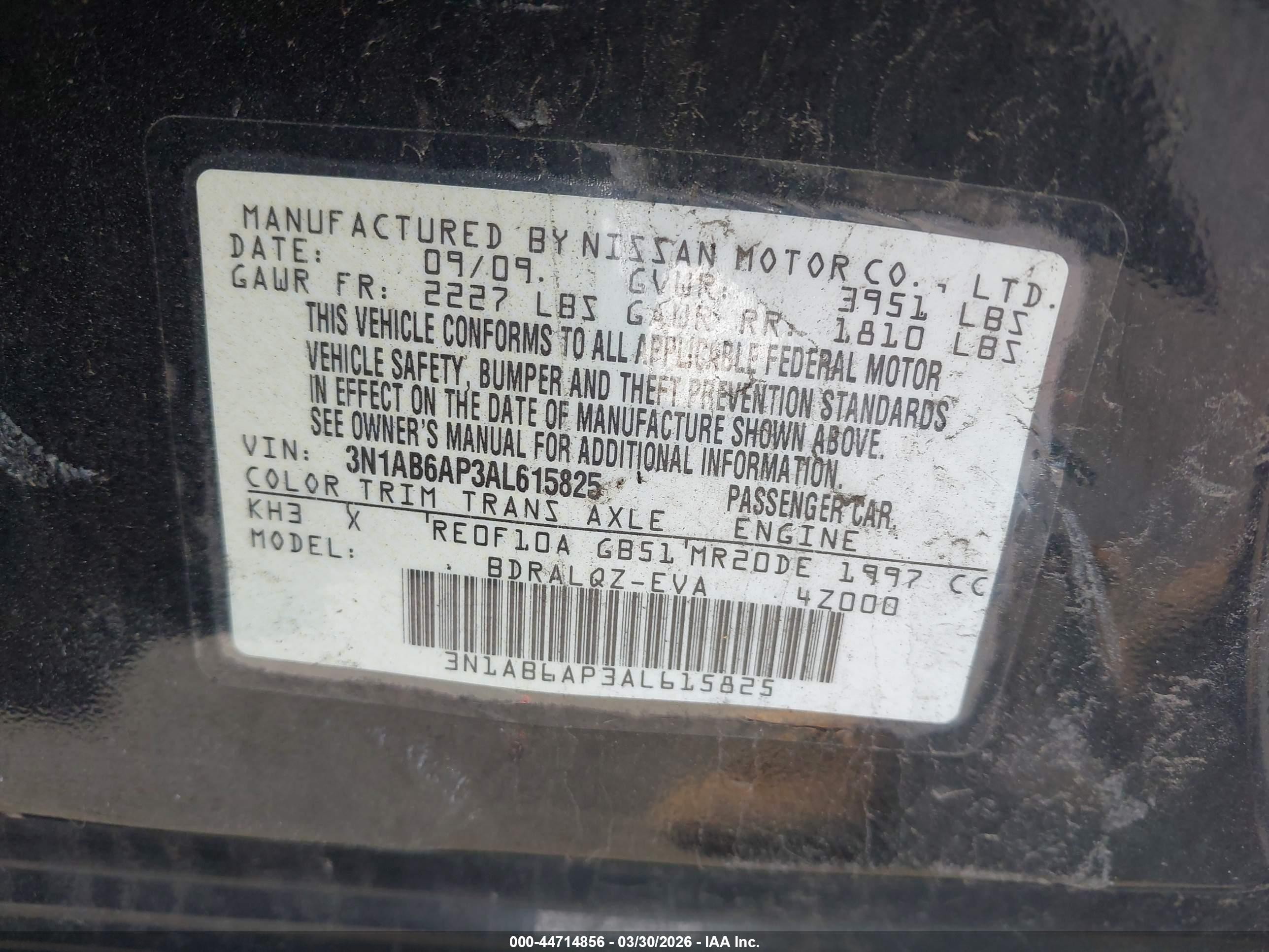 2010 Nissan Sentra 2.0 Black vin: 3N1AB6AP3AL615825