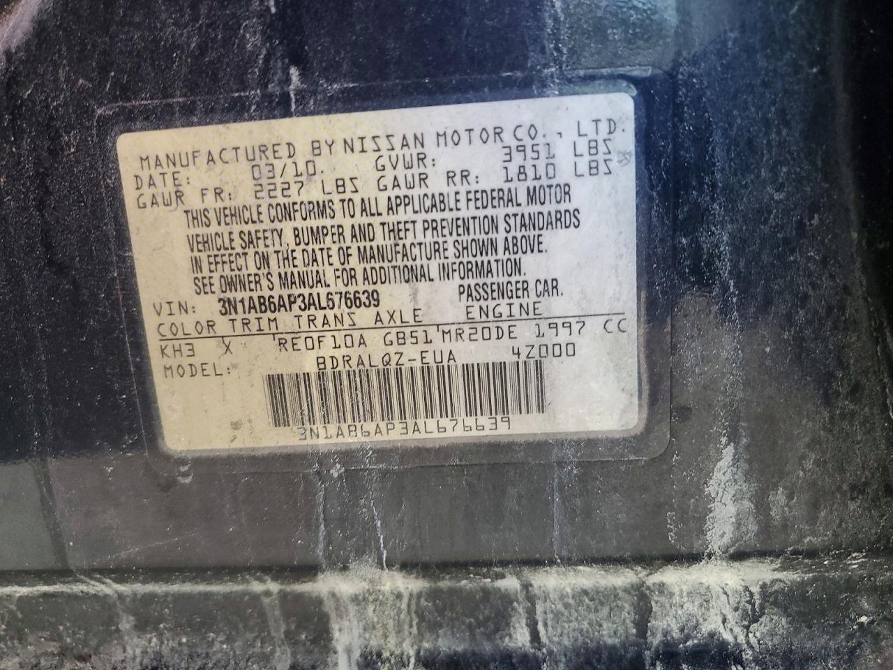2010 Nissan Sentra 2.0 Black vin: 3N1AB6AP3AL676639