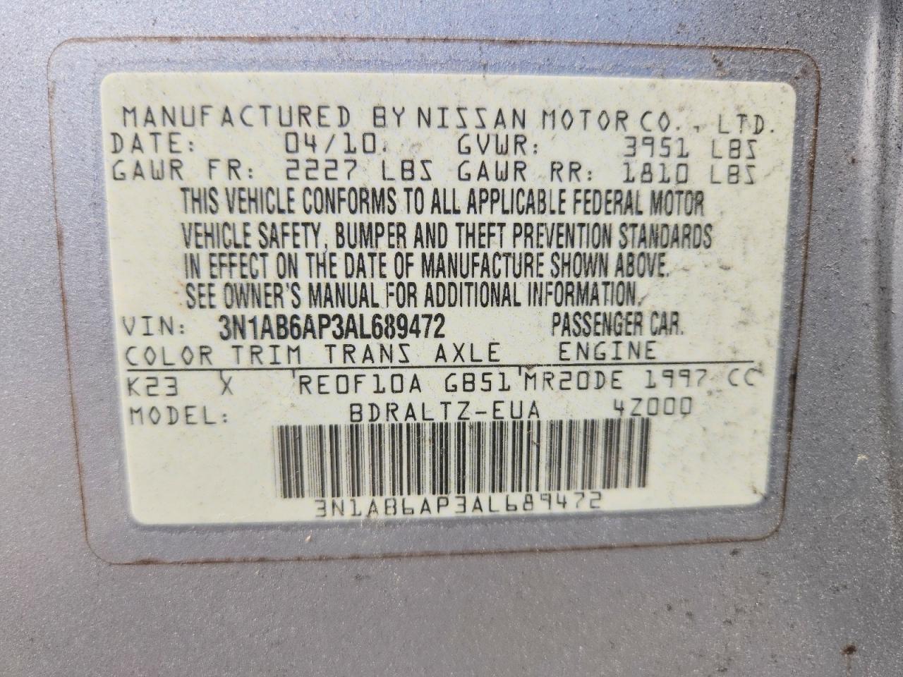 2010 Nissan Sentra 2.0 Silver vin: 3N1AB6AP3AL689472
