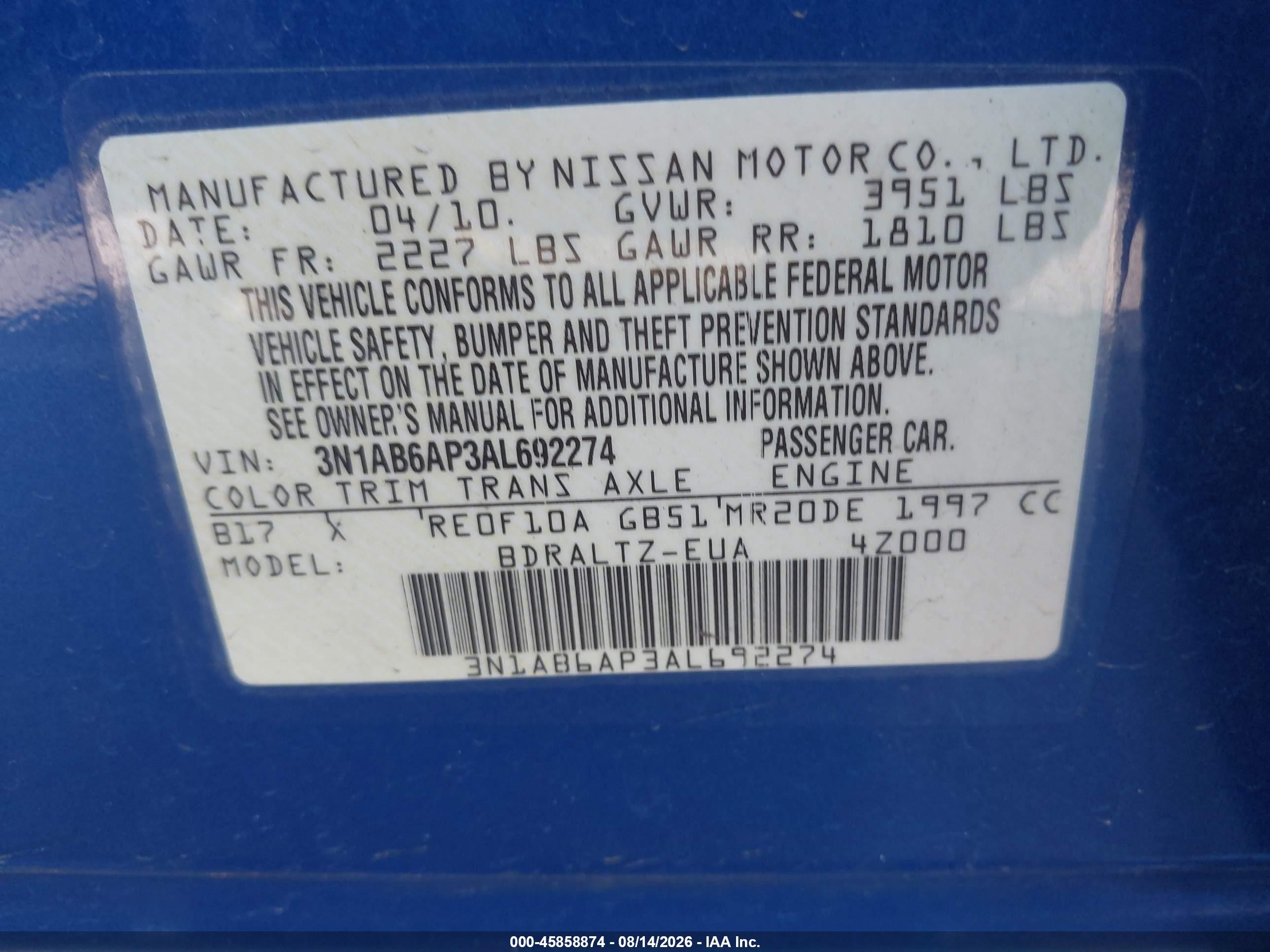 2010 Nissan Sentra 2.0sr Blue vin: 3N1AB6AP3AL692274