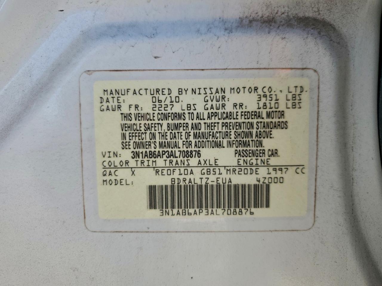 2010 Nissan Sentra 2.0 White vin: 3N1AB6AP3AL708876